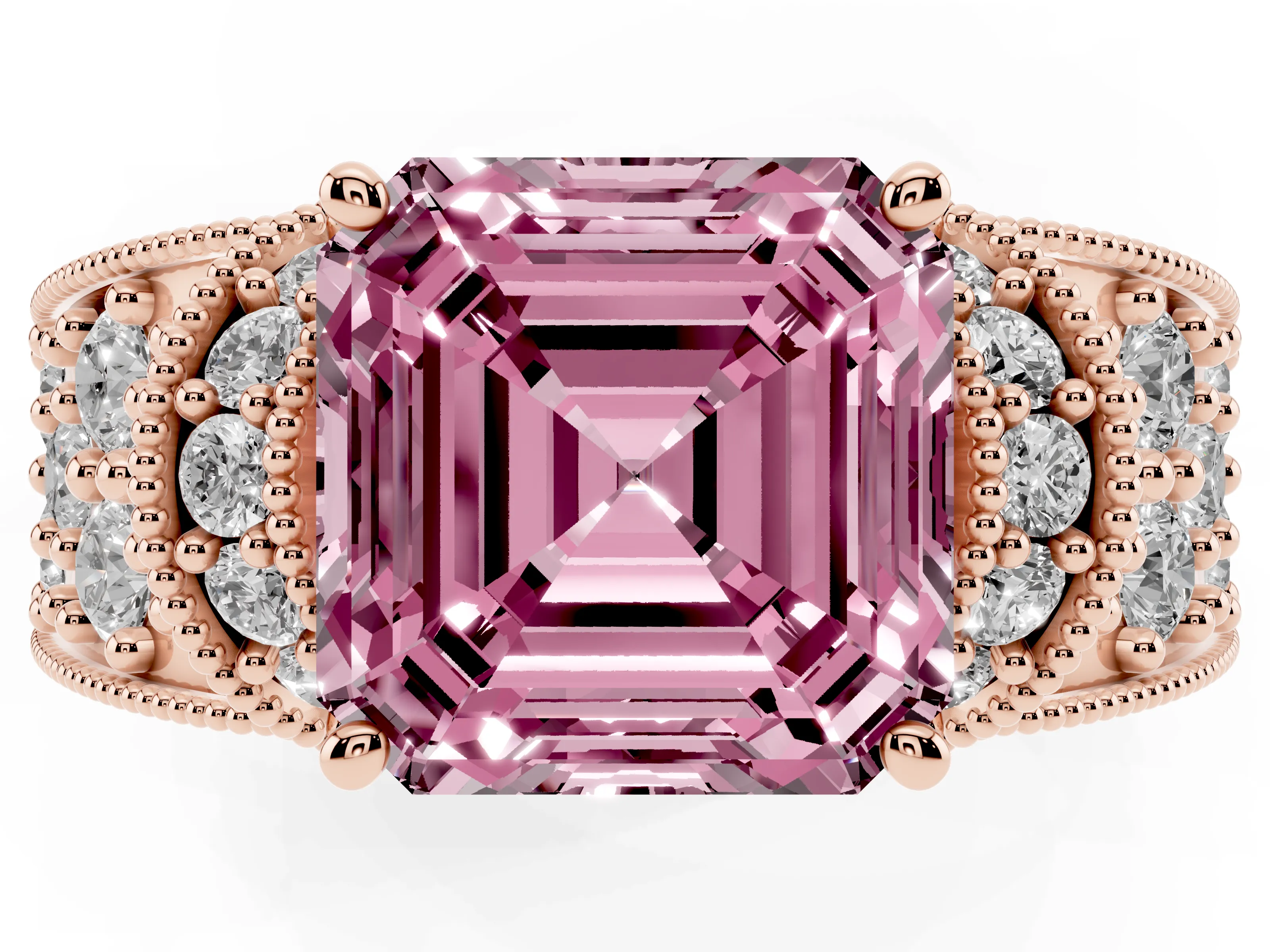 Fancy Pink Asscher Cut Diamond Milgrain Halo Pavé Engagement Ring Set in Rose gold with Prong Setting