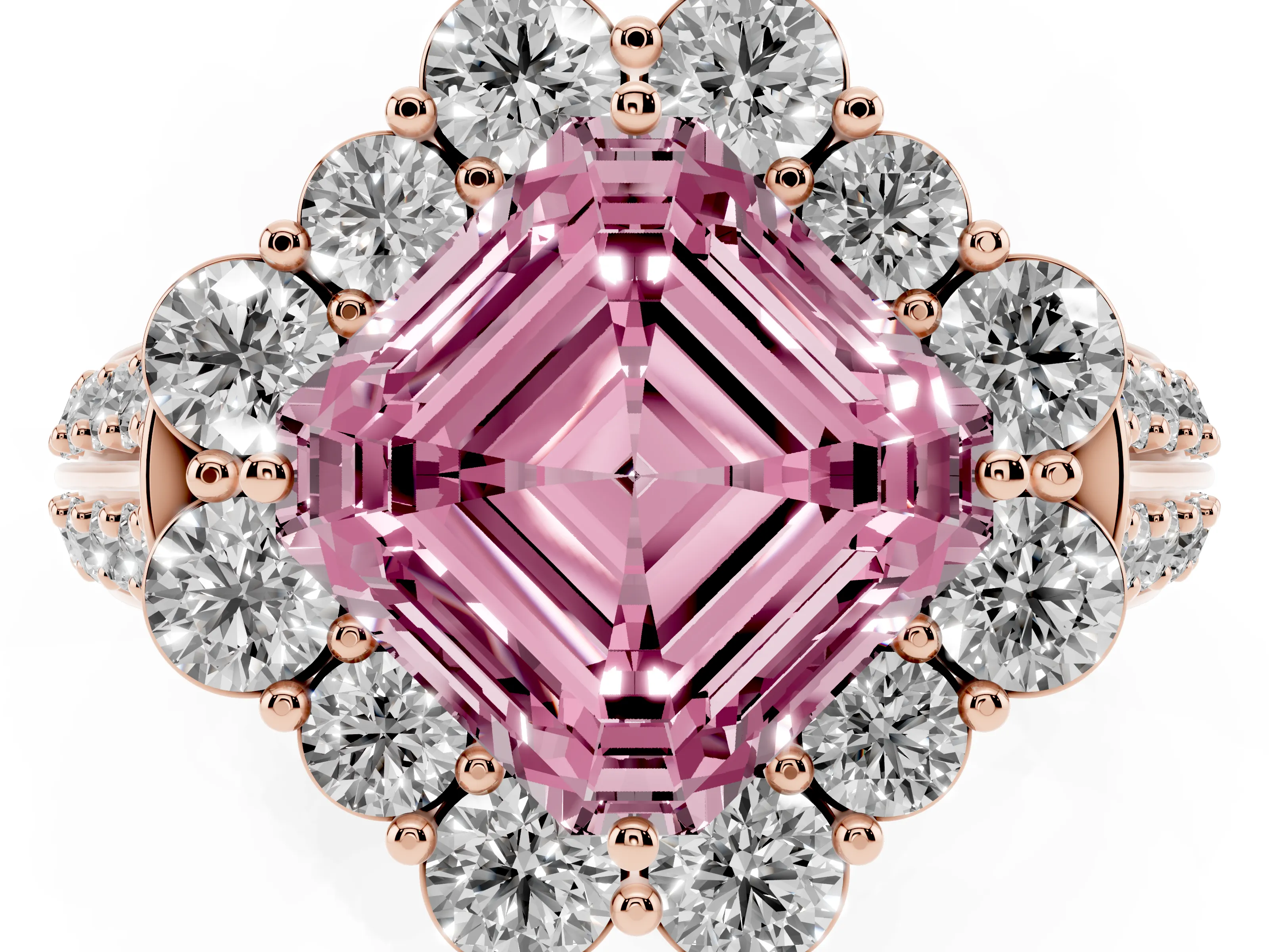 Fancy Pink Asscher Cut Diamond Halo Engagement Ring Set in Rose gold with Split Shank and Prong Setting