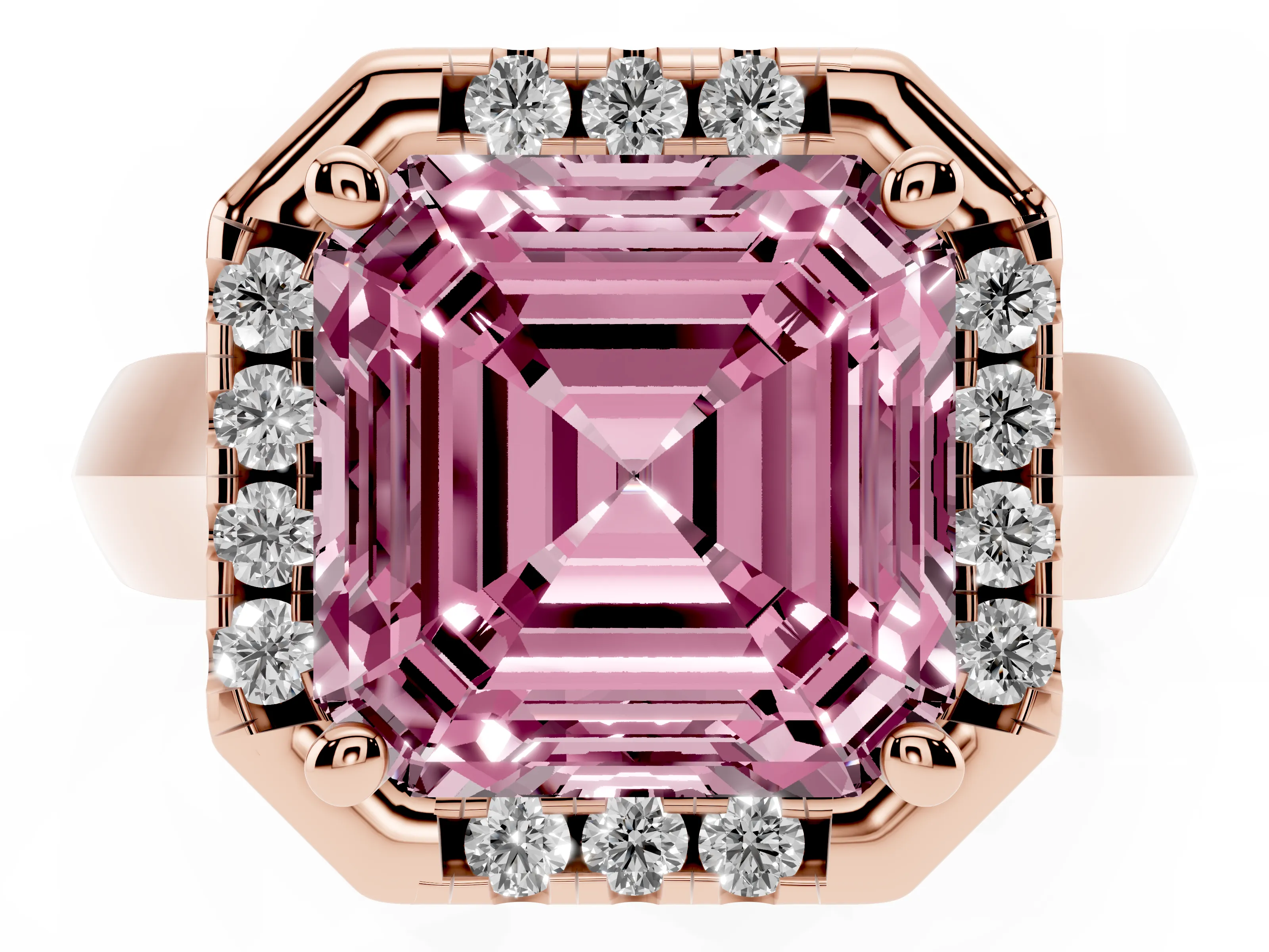 Fancy Pink Asscher Cut Diamond Halo Solitaire Engagement Ring Set in Rose gold with Square Band and Prong Setting
