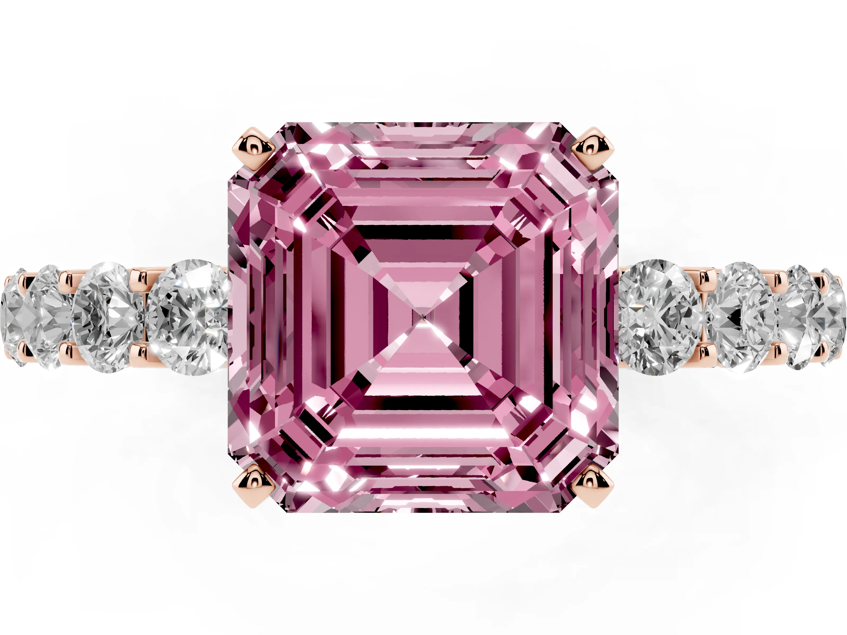 Fancy Pink Asscher Cut Diamond Solitaire Ring Set in Rose gold with Shared Prong Pavé Band