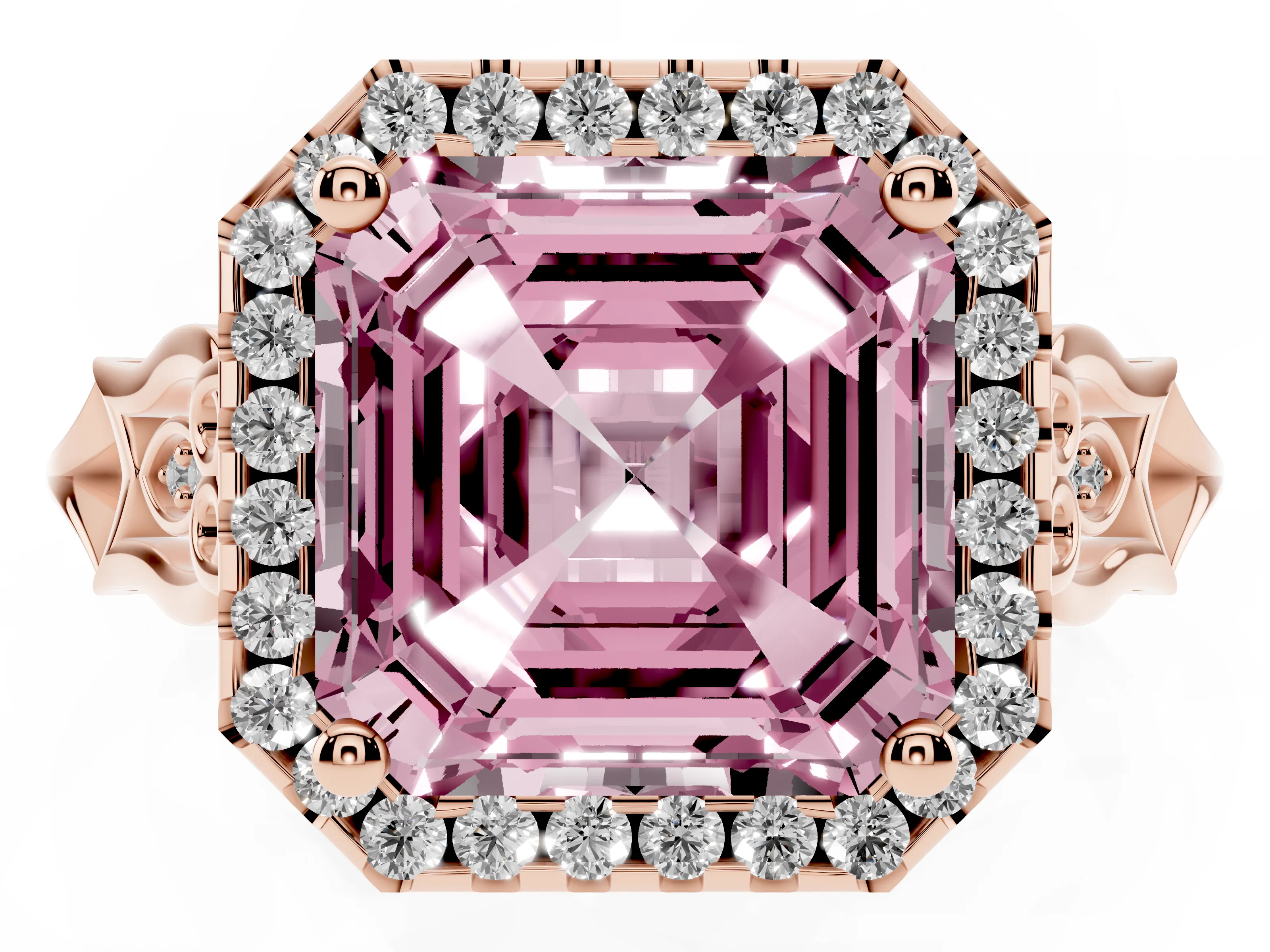 Fancy Pink Asscher Cut Diamond Halo Engagement Ring Set in Rose gold with Filigree Band and Prong-Set Center