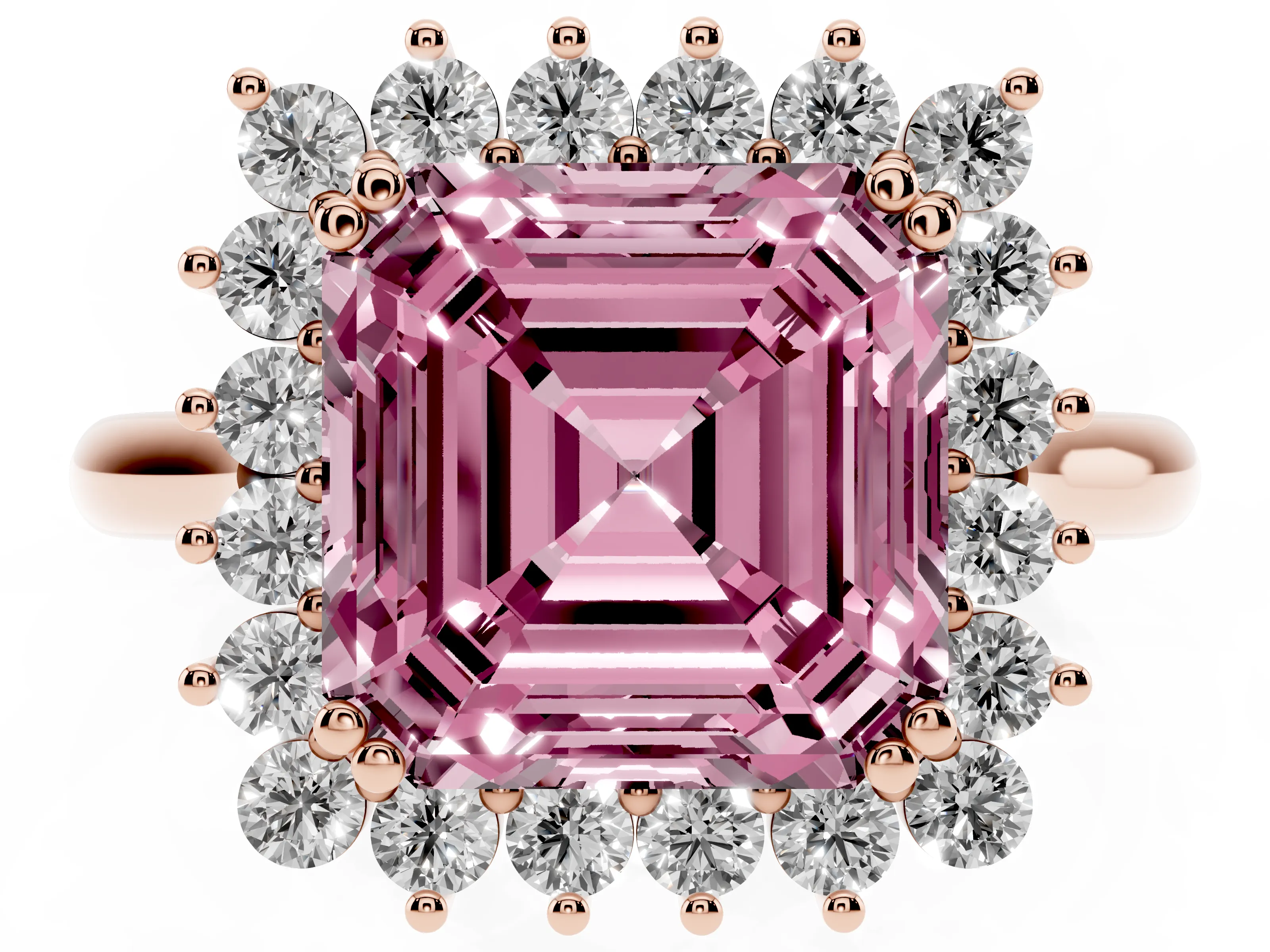 Fancy Pink Asscher Cut Diamond Halo Ring Set in Rose gold with Plain Solitaire Band and Prong Setting