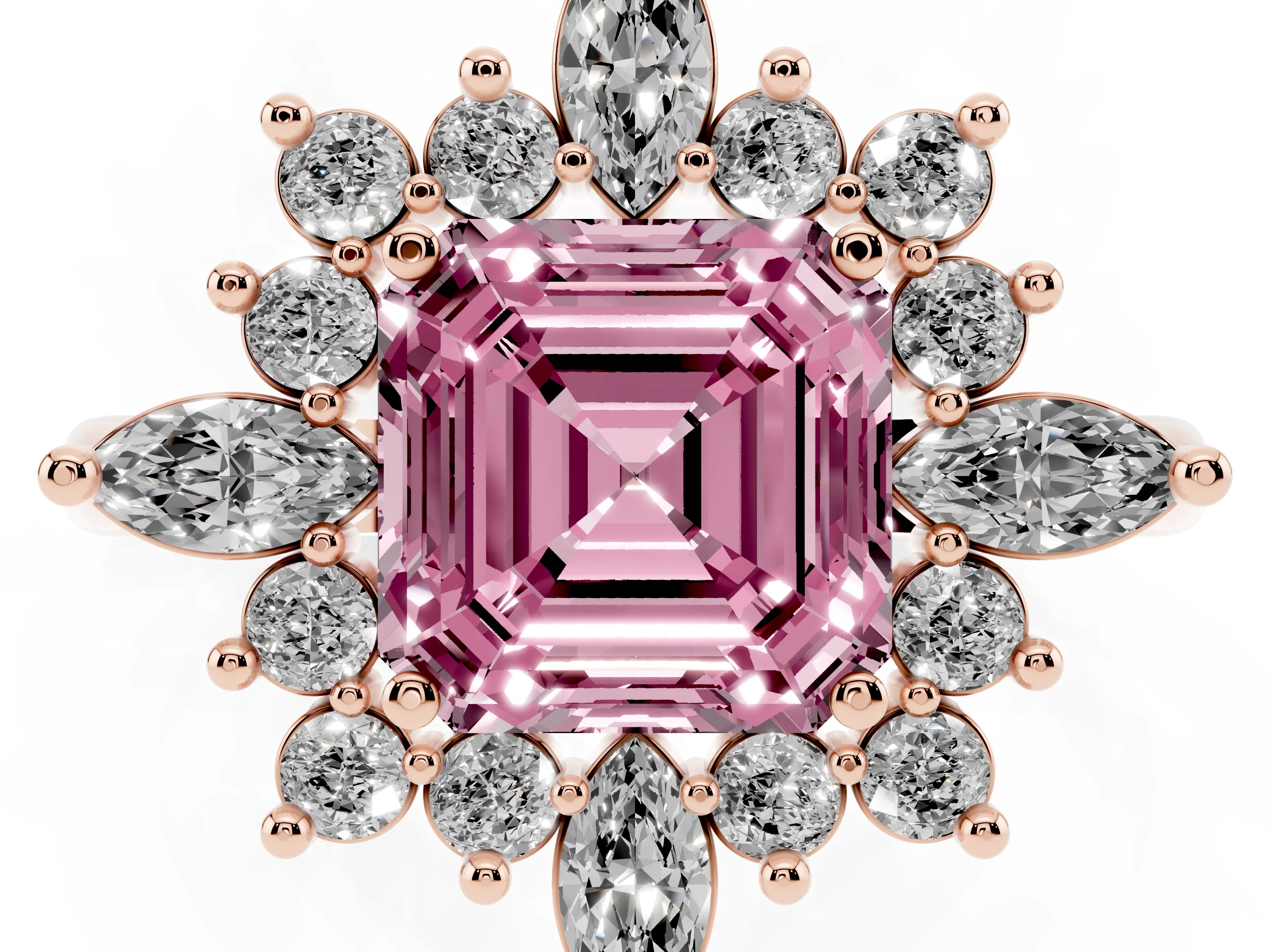 Fancy Pink Asscher Cut Diamond Cluster Halo Ring Set in Rose gold with Marquise and Round Accents