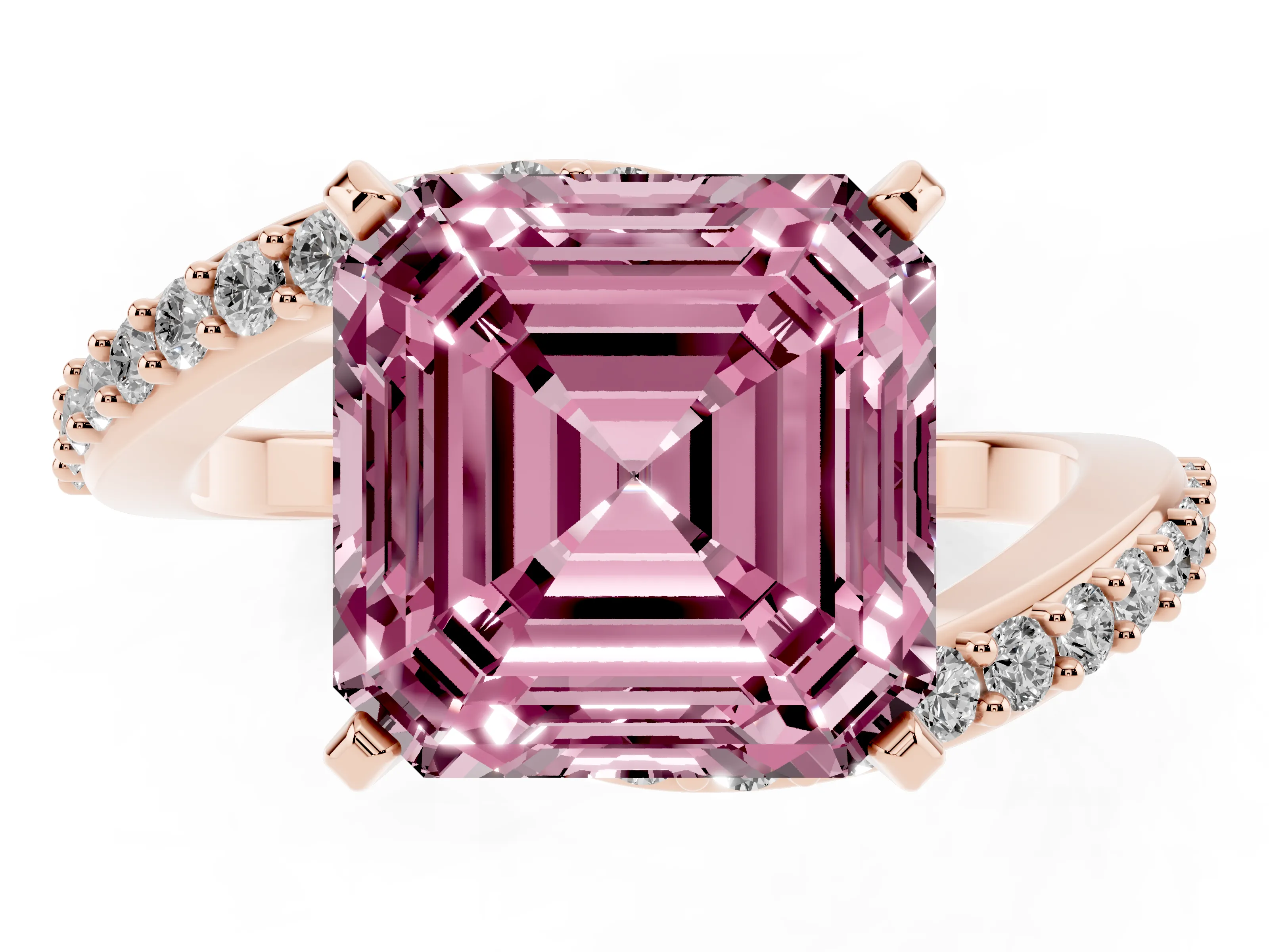 Fancy Pink Asscher Cut Diamond Solitaire Ring Set in Rose gold with Pavé Twist Band and Prong Setting