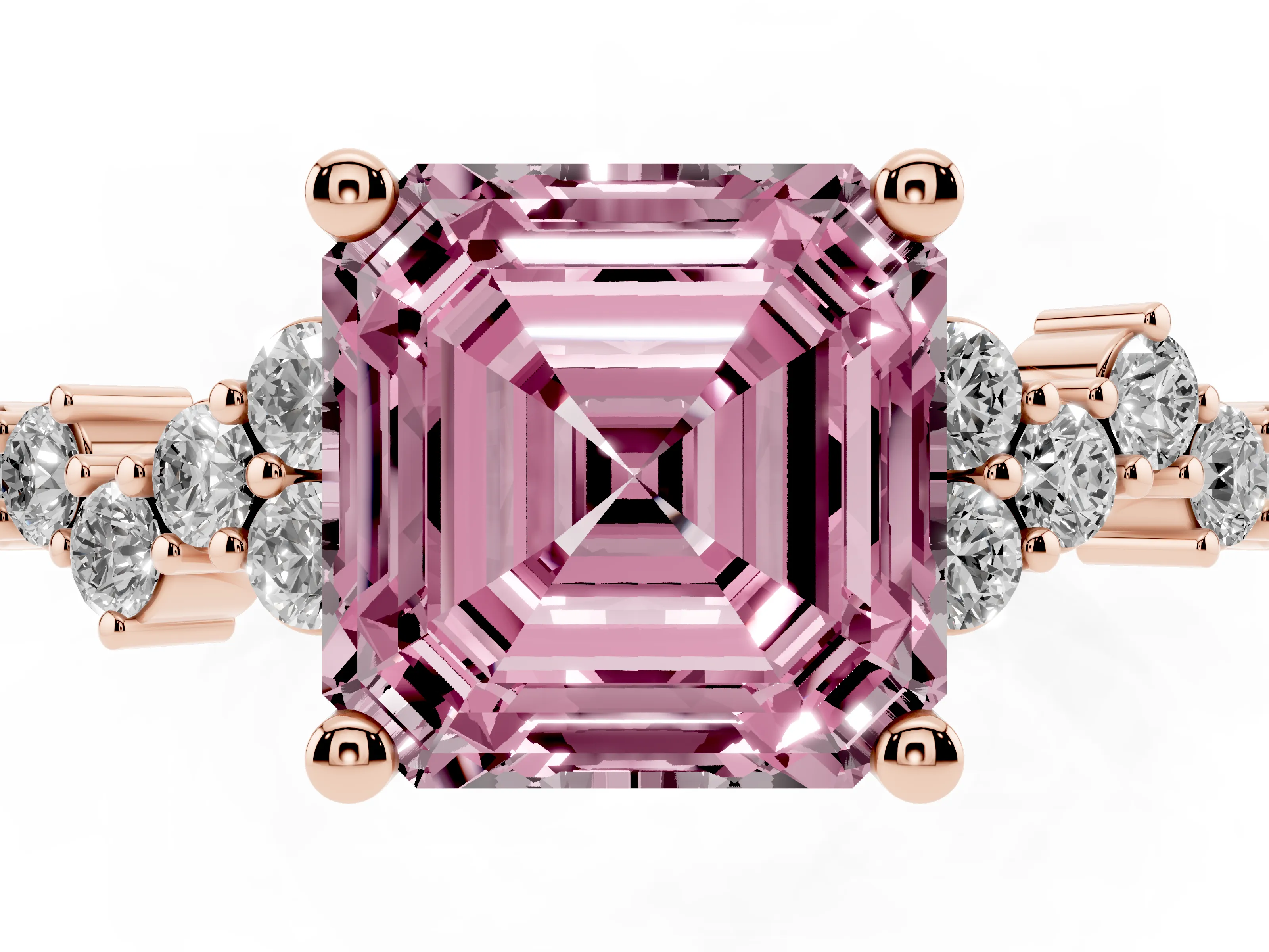 Fancy Pink Asscher Cut Diamond Ring Set in Rose gold with Scattered Round Accents