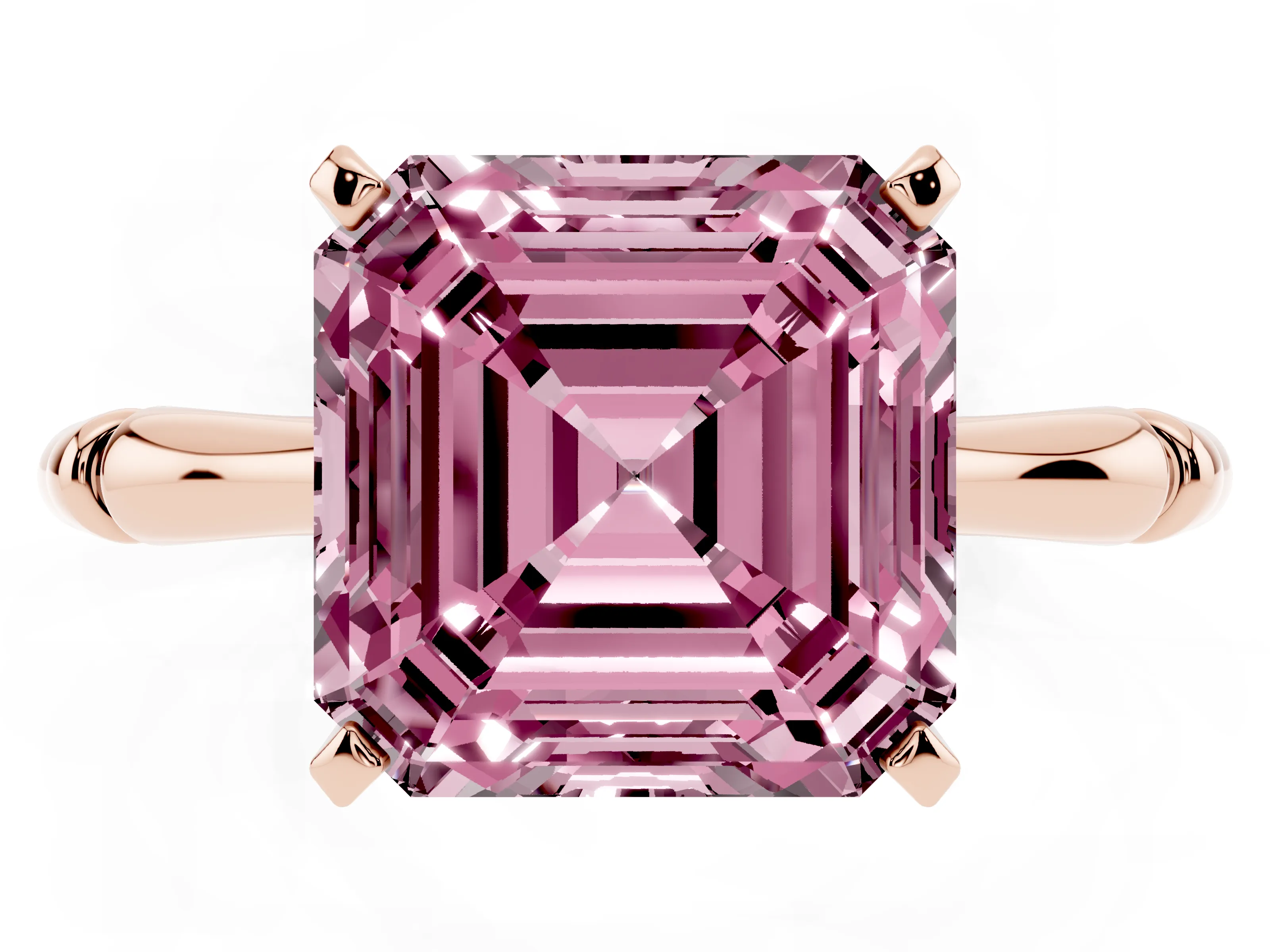 Fancy Pink Asscher Cut Diamond Solitaire Ring Set in Rose gold with Bamboo Band and Prong Setting