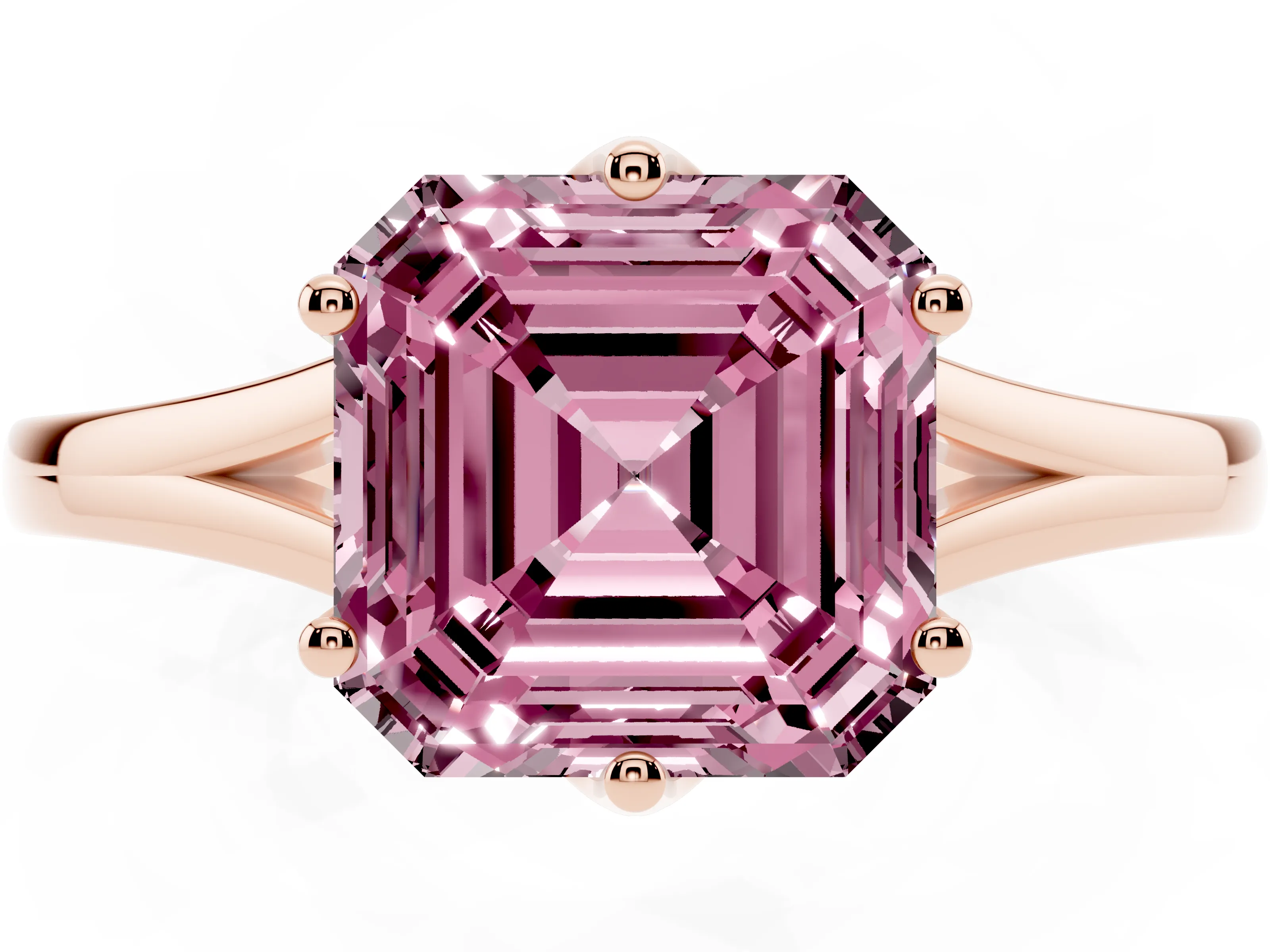 Fancy Pink Asscher Cut Diamond Solitaire Ring Set in Rose gold with Polished Tapered Band and Prong Setting