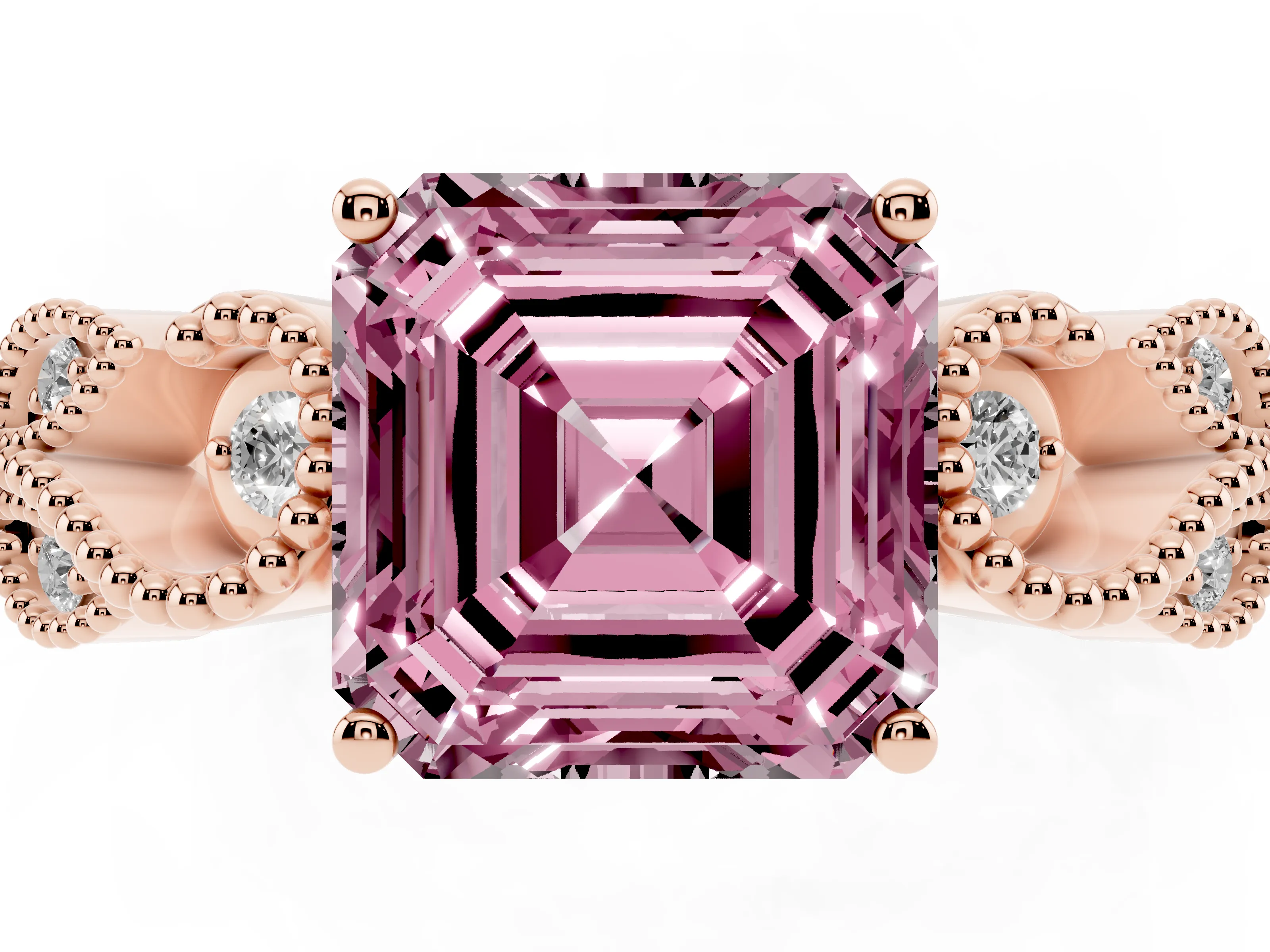 Fancy Pink Asscher Cut Diamond Milgrain Leaf Band Solitaire Ring Set in Rose gold with Accent Stones and Prong Setting