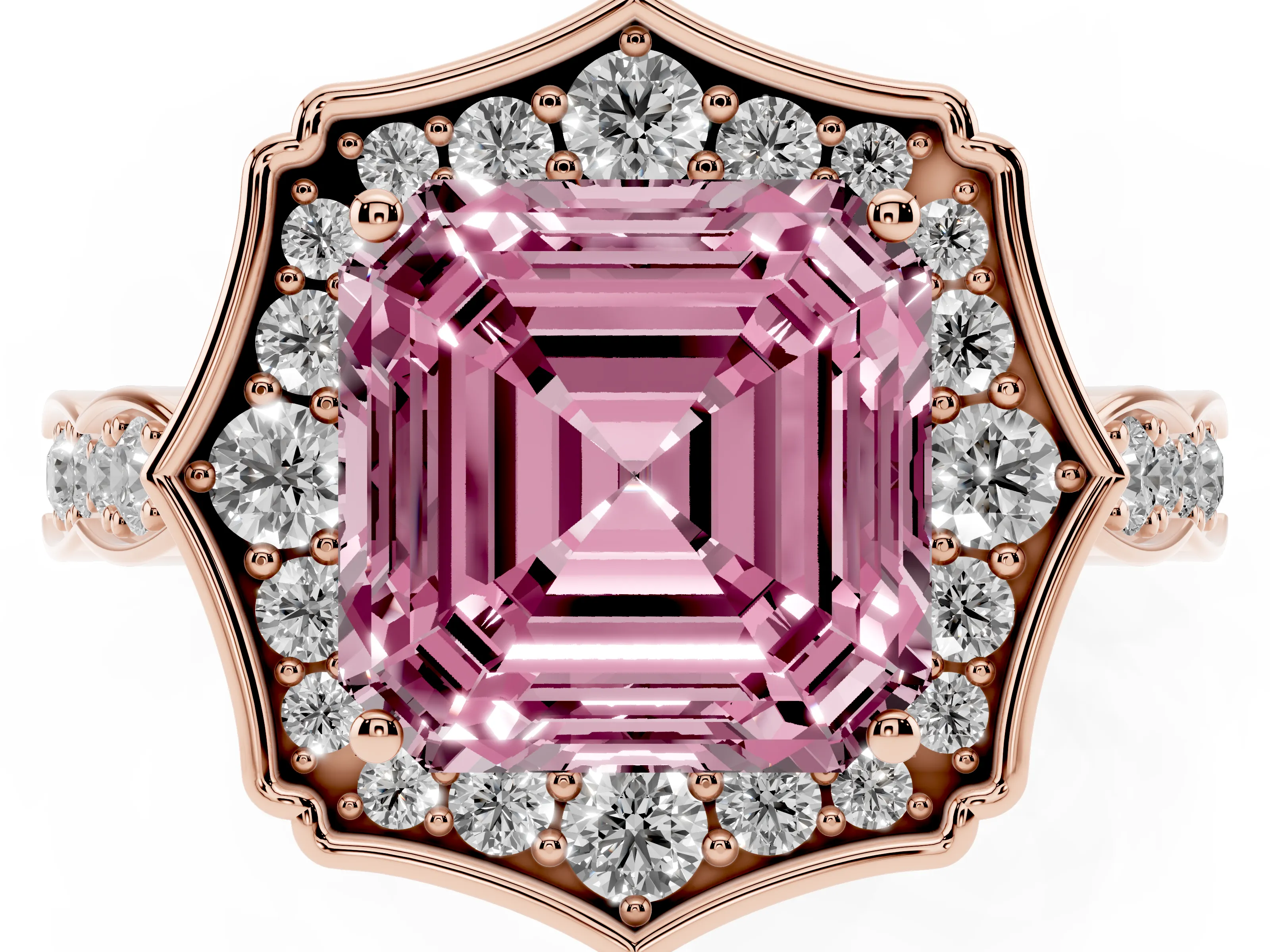 Fancy Pink Asscher Cut Diamond Halo Engagement Ring Set in Rose gold with Milgrain Band and Prong Setting