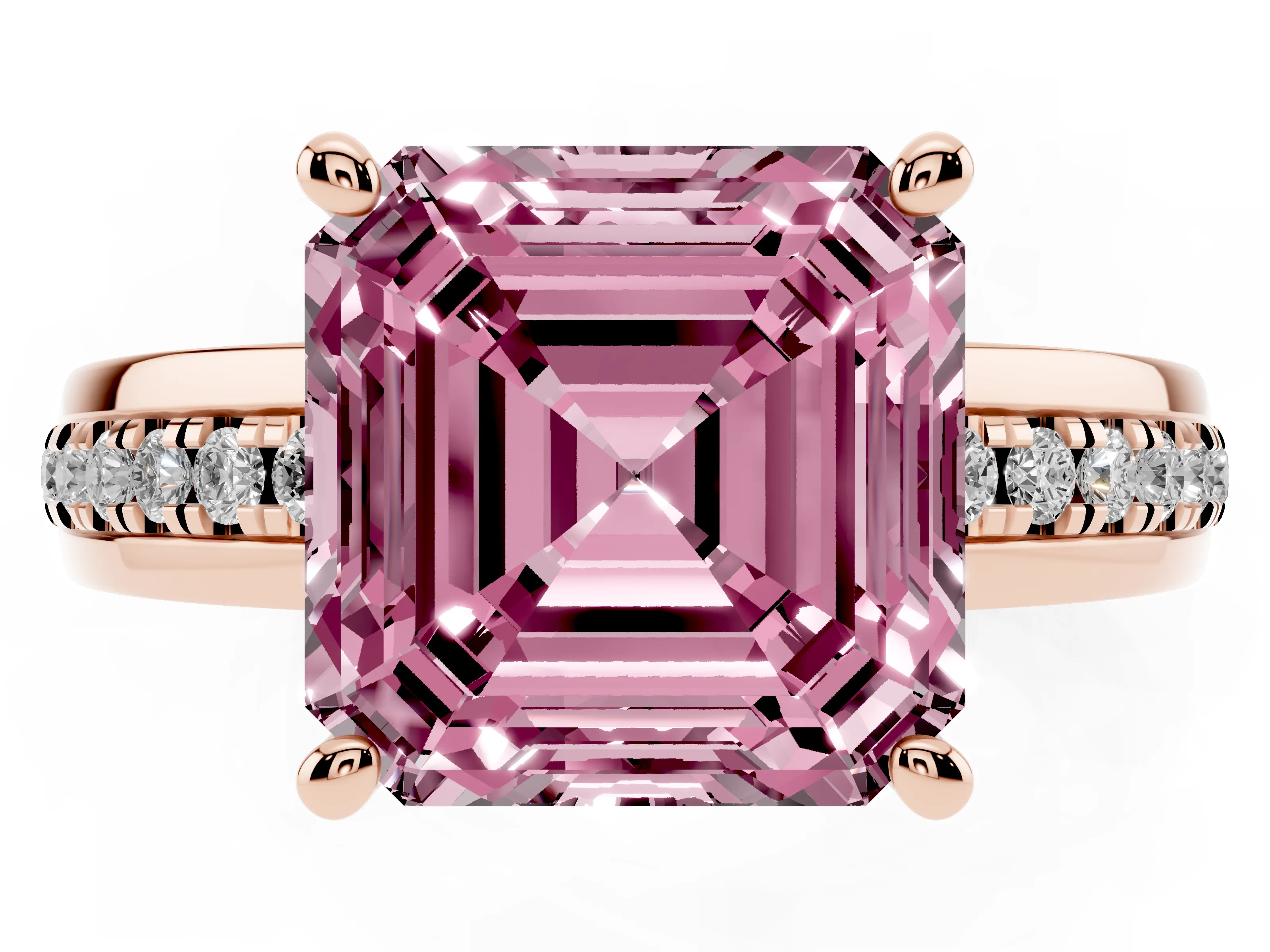 Fancy Pink Asscher Cut Diamond Solitaire Ring Set in Rose gold with Channel Set Band and Prong Setting