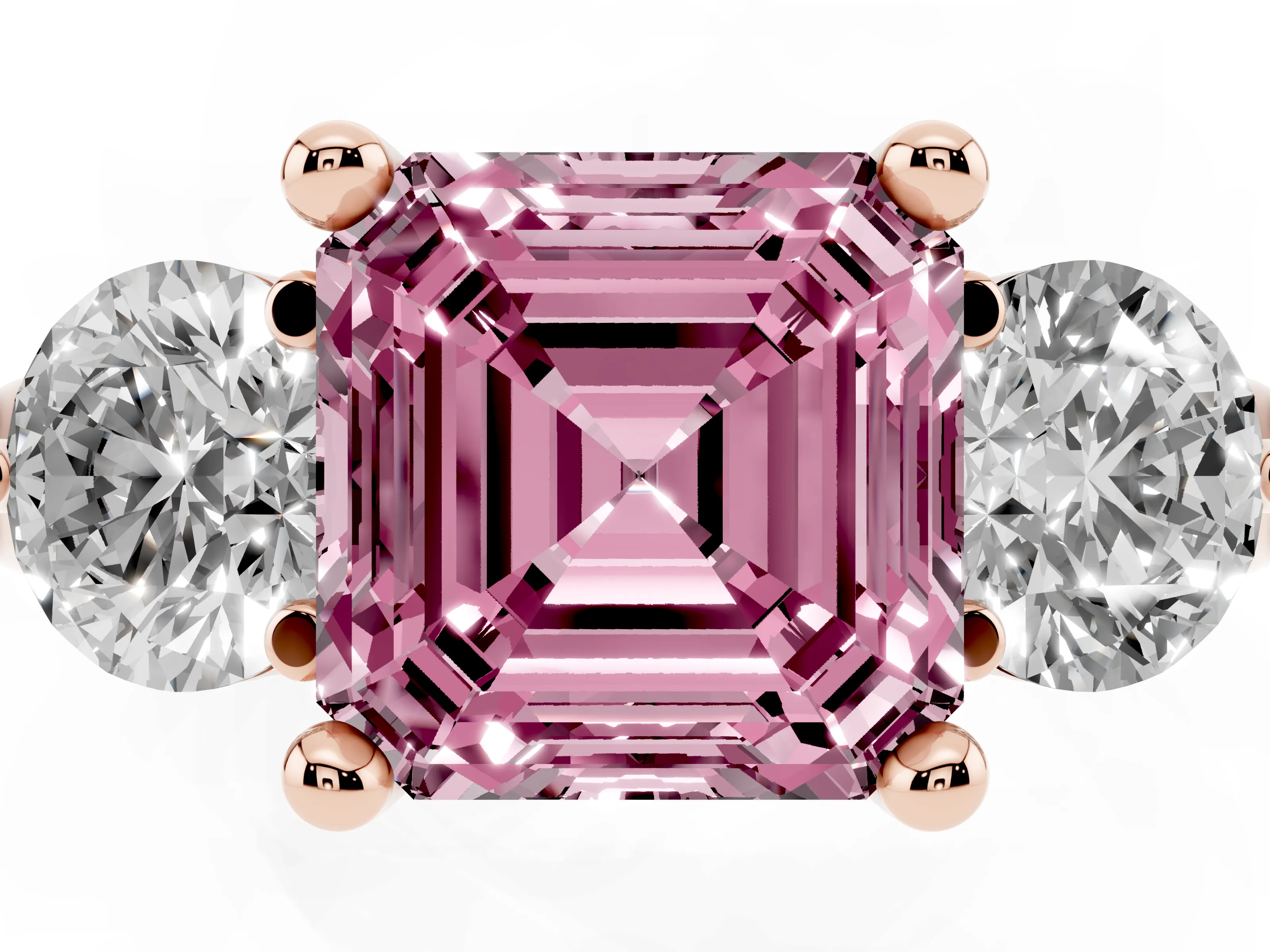 Fancy Pink Asscher Cut Diamond Three-Stone Ring Set in Rose gold with Prong Setting and Classic Band