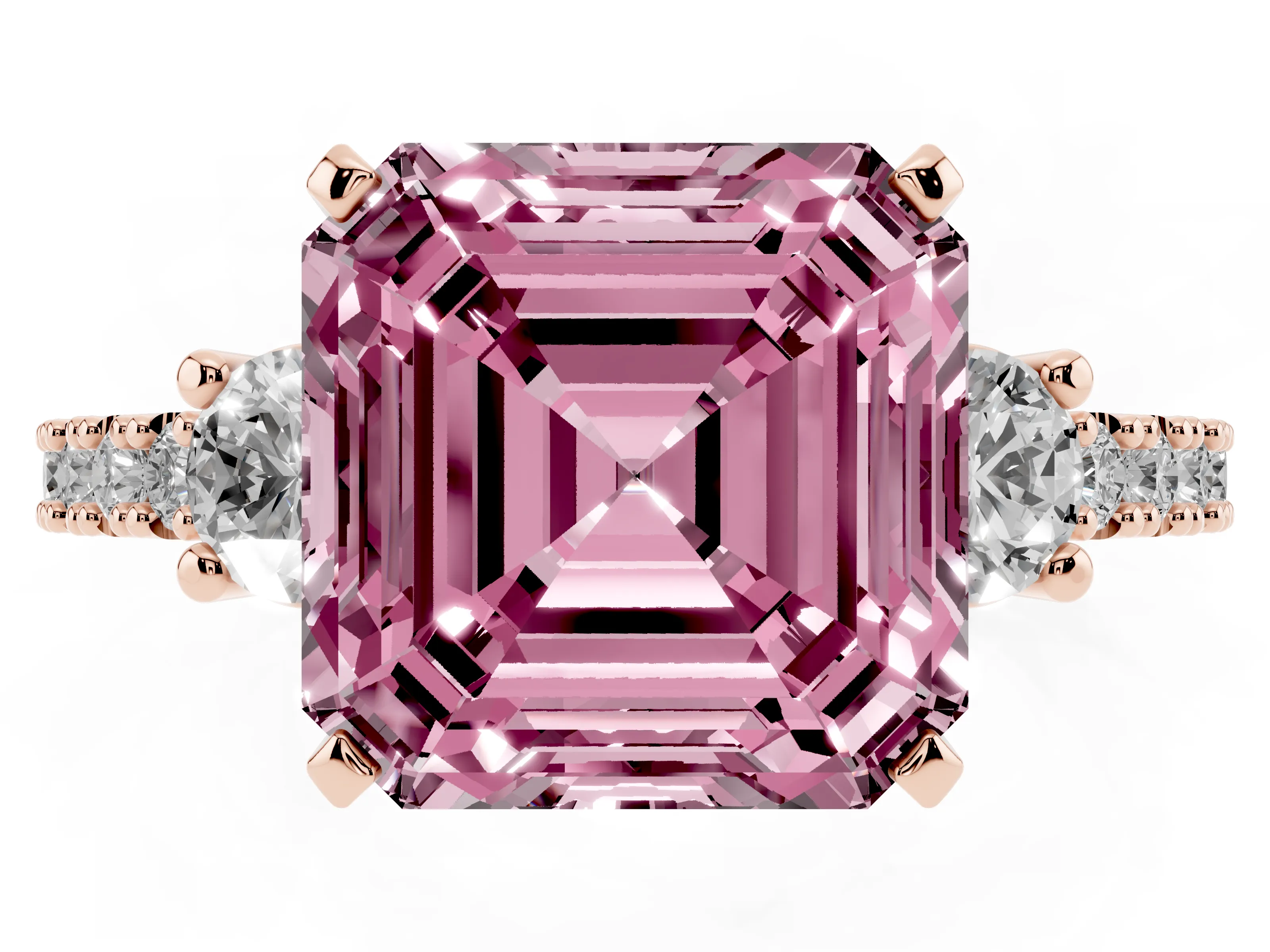 Fancy Pink Three-Stone Asscher Cut Diamond Pavé Band Ring Set in Rose gold with Prong Setting