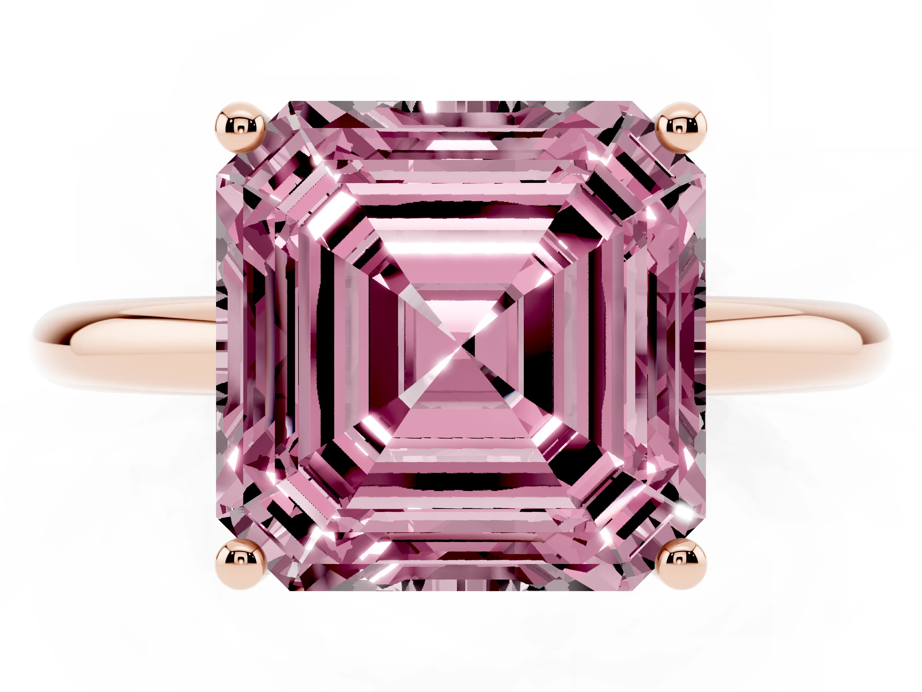 Fancy Pink Asscher Cut Diamond Solitaire Engagement Ring Set in Rose gold with Prong Setting and Polished Band