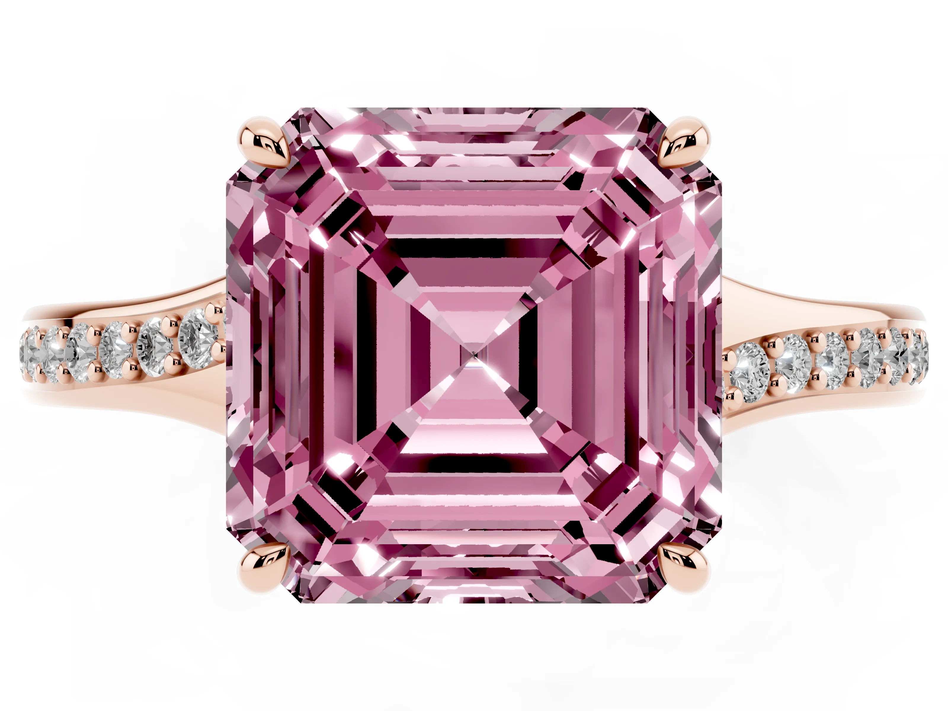 Fancy Pink Asscher Cut Diamond Solitaire Ring Set in Rose gold with Pavé Accent Band and Classic Prong Setting
