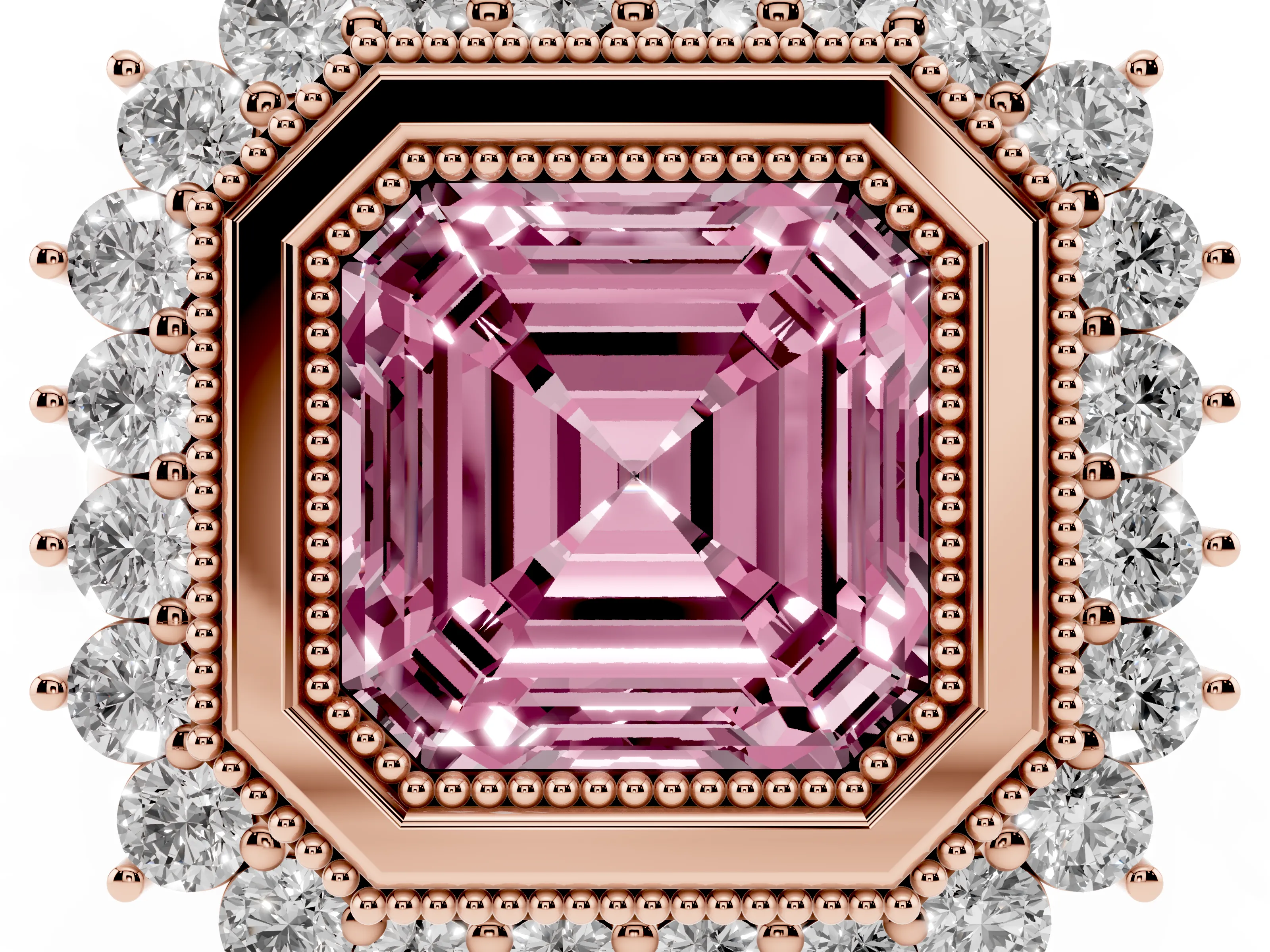 Fancy Pink Asscher Cut Diamond Halo Ring Set in Rose gold with Milgrain Edge and Round Prong Setting