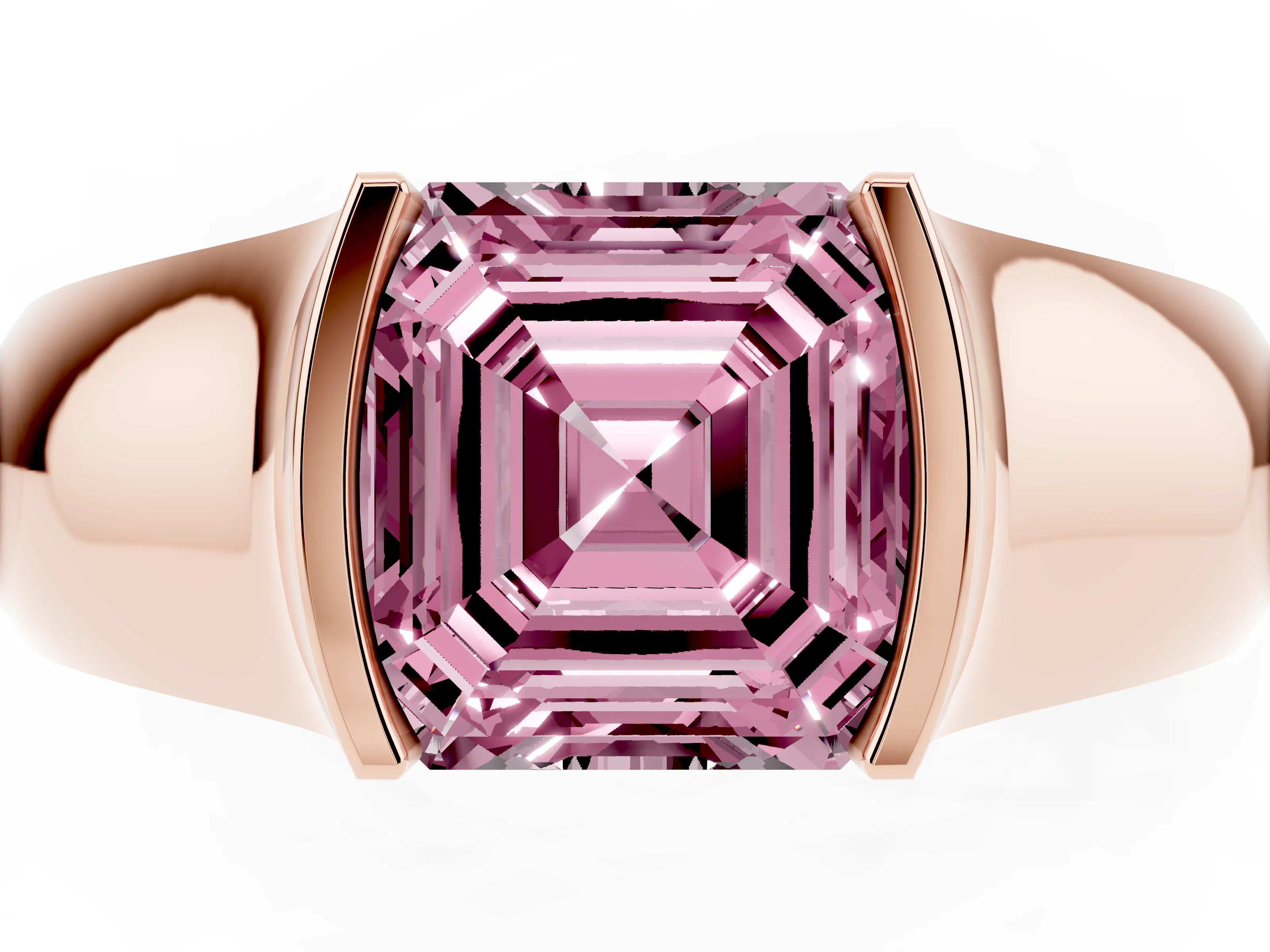 Fancy Pink Asscher Cut Diamond Bezel Solitaire Ring Set in Rose gold with Wide Band