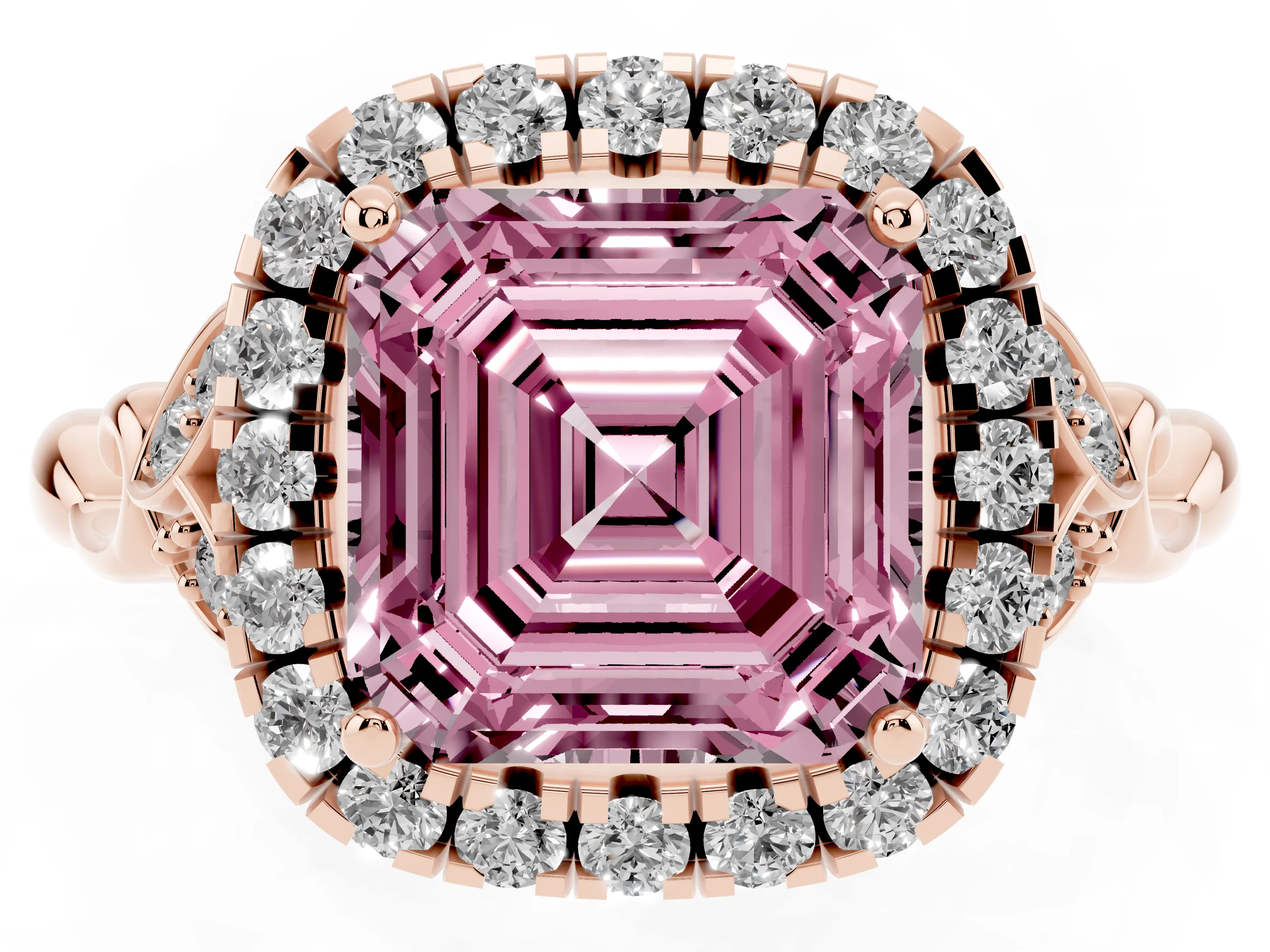 Fancy Pink Asscher Cut Diamond Halo Engagement Ring Set in Rose gold with Vintage-Inspired Band and Prong Setting