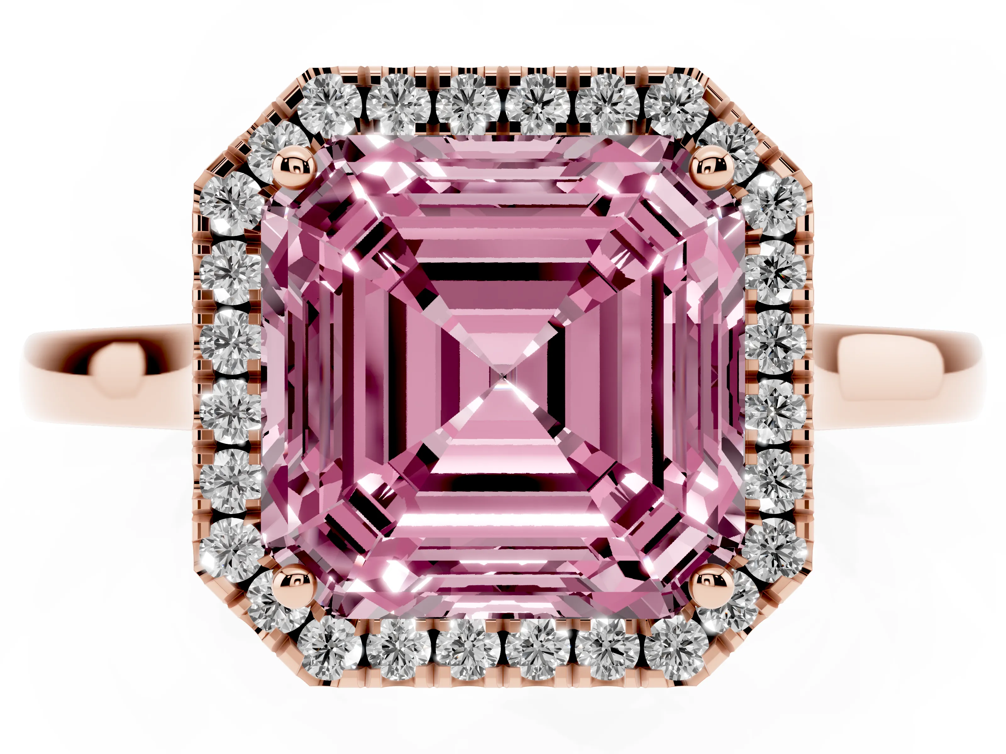 Fancy Pink Asscher Cut Halo Round Diamond Solitaire Ring Set in Rose gold with Pavé Band and Prong Setting