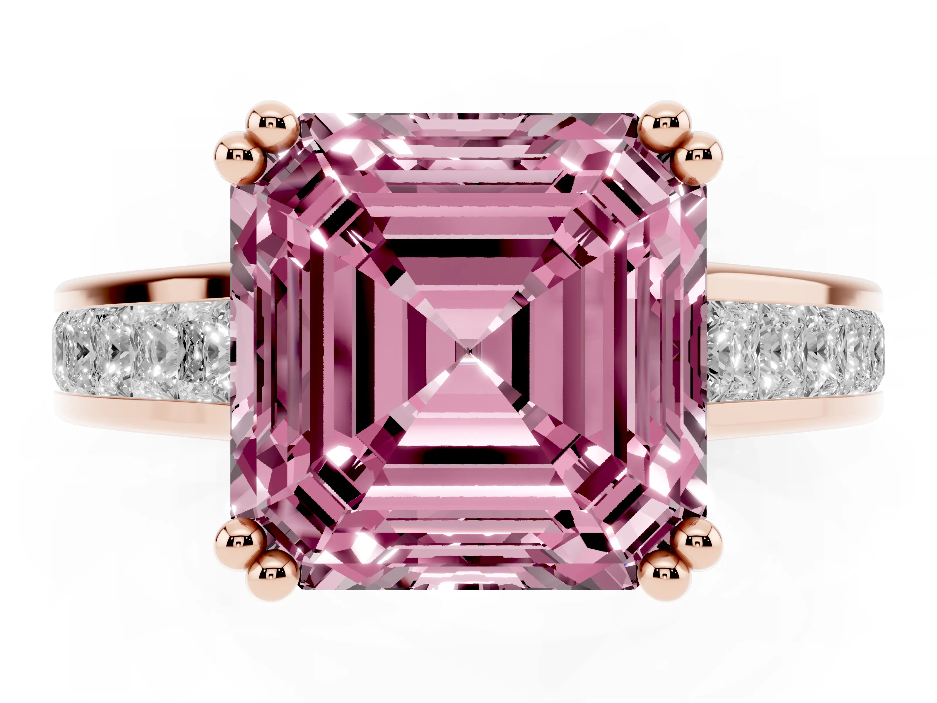 Fancy Pink Asscher Cut Diamond Channel Set Solitaire Engagement Ring Set in Rose gold with Prong Setting