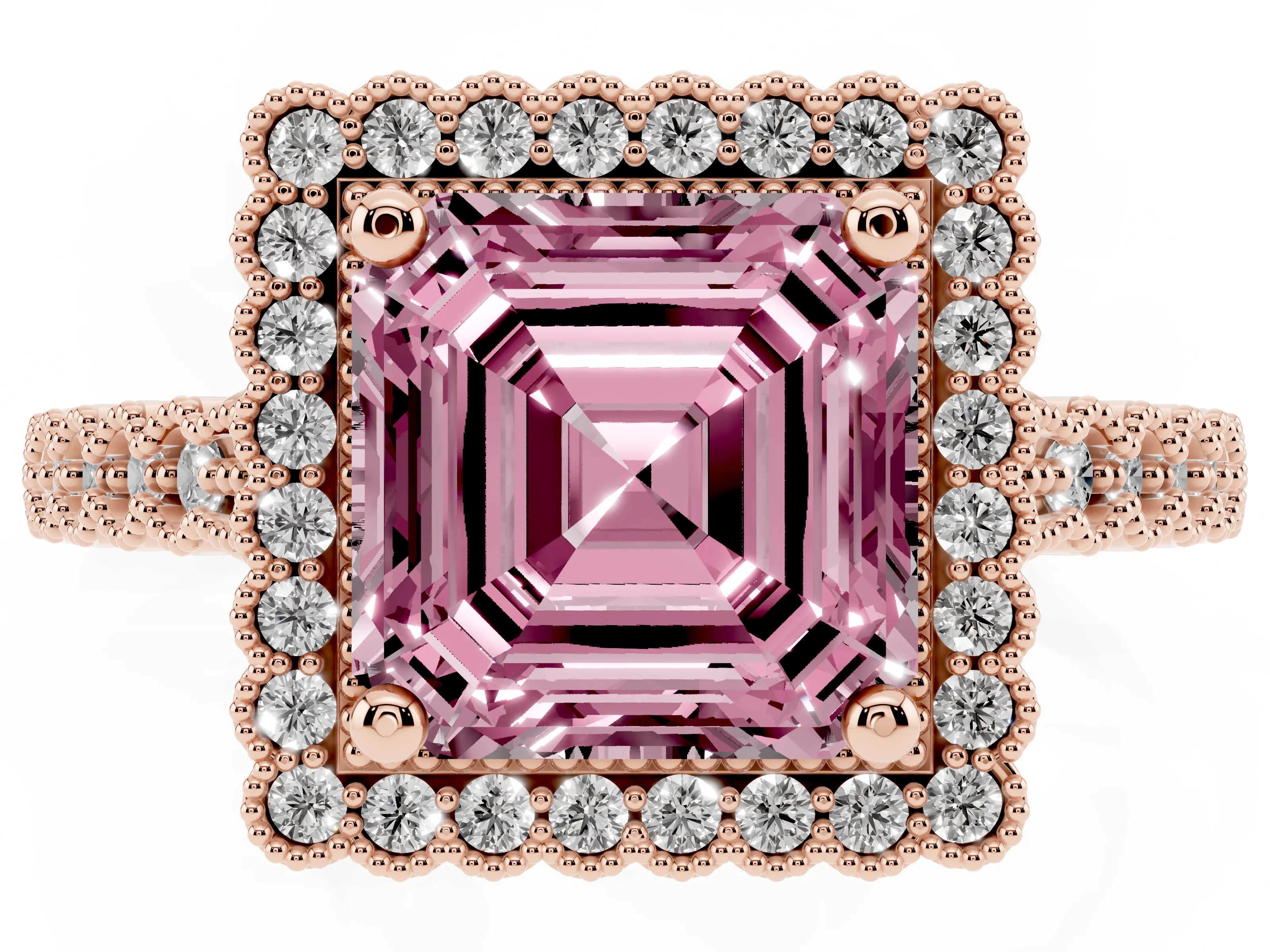 Fancy Pink Asscher Cut Diamond Halo Ring Set in Rose gold with Pavé Milgrain Band