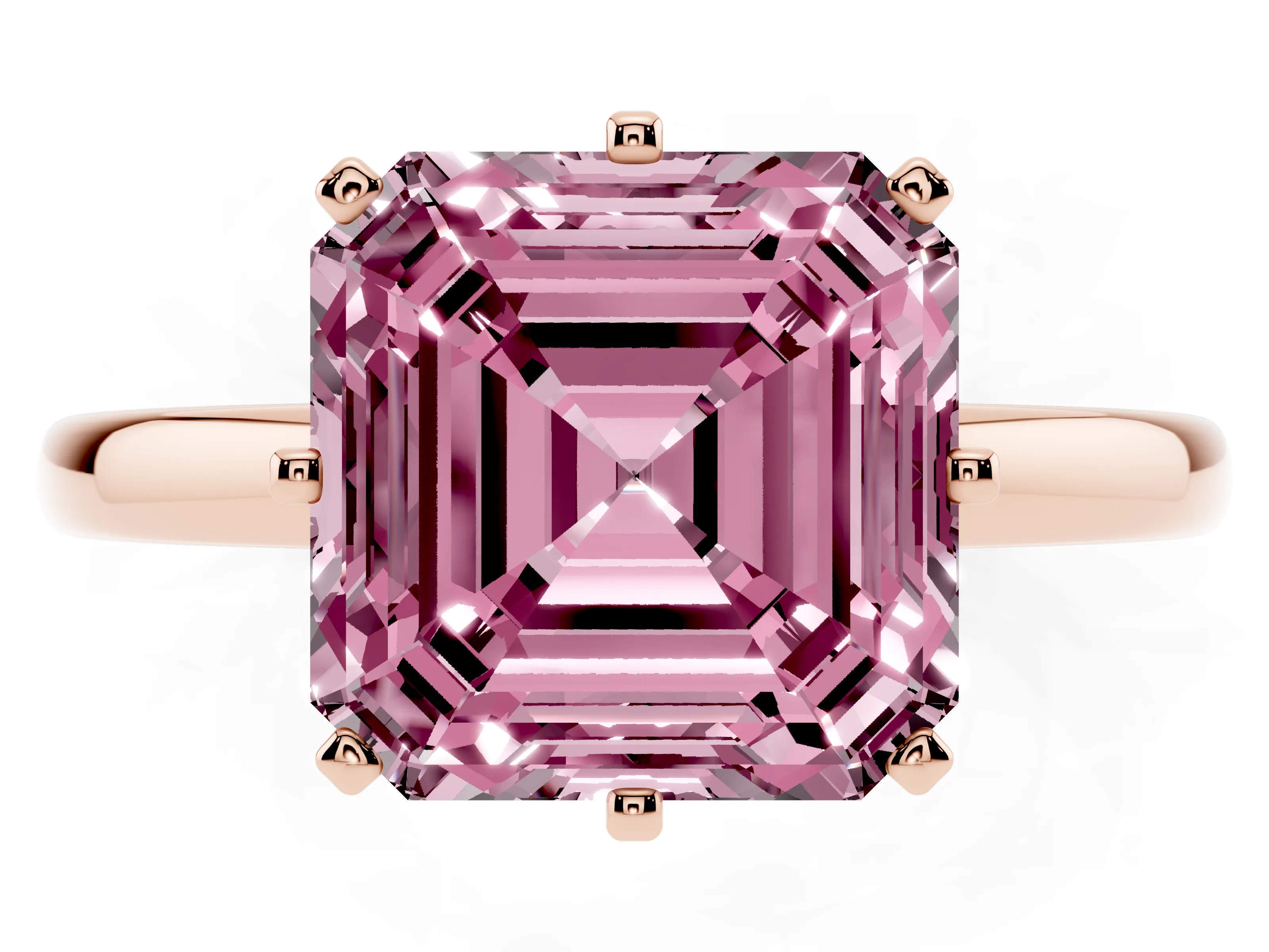 Fancy Pink Asscher Cut Diamond Solitaire Ring Set in Rose gold with Raised Prong Setting on a Classic Band