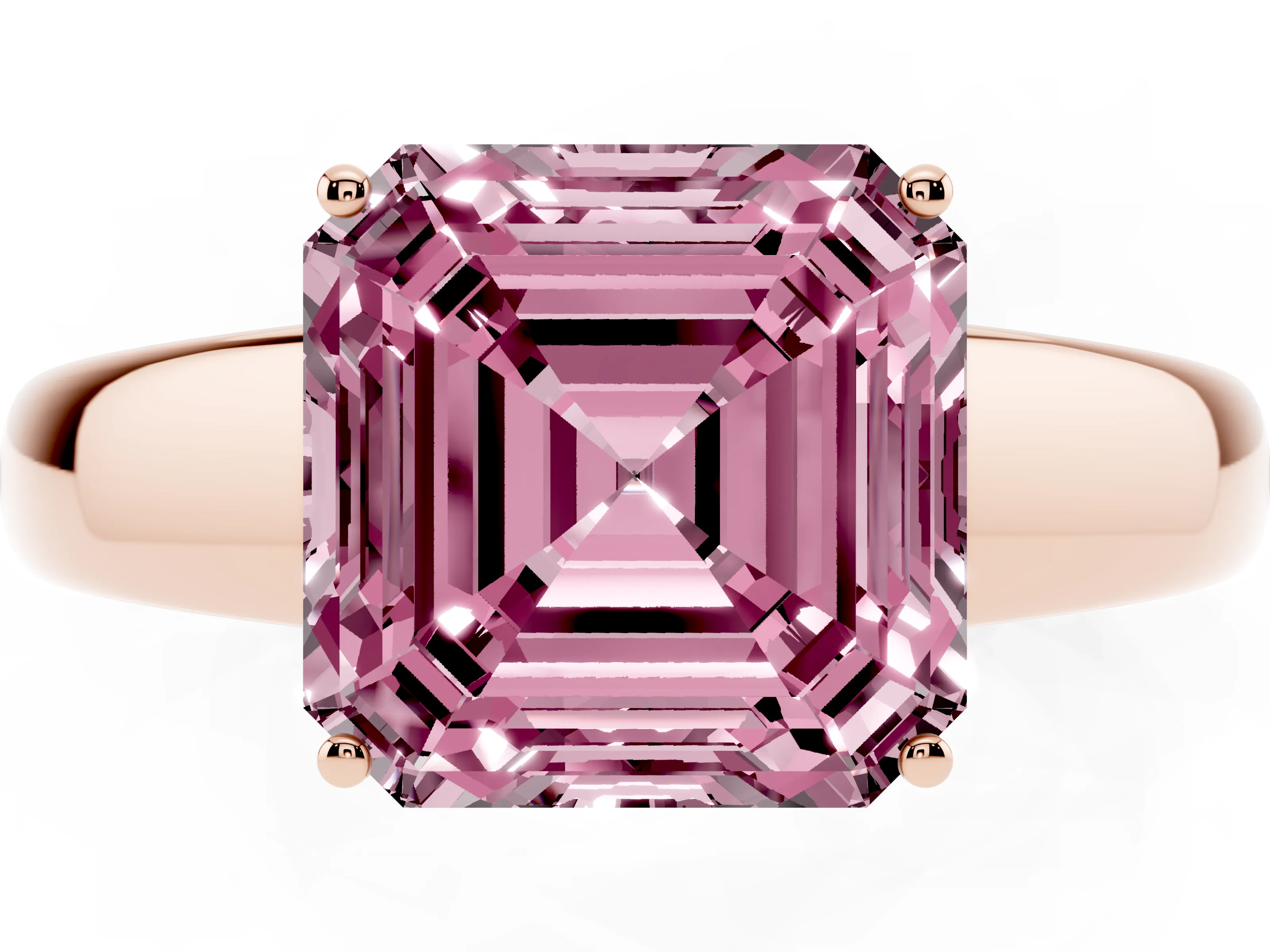 Fancy Pink Asscher Cut Diamond Solitaire Ring Set in Rose gold with Tapered Band and Prong Setting