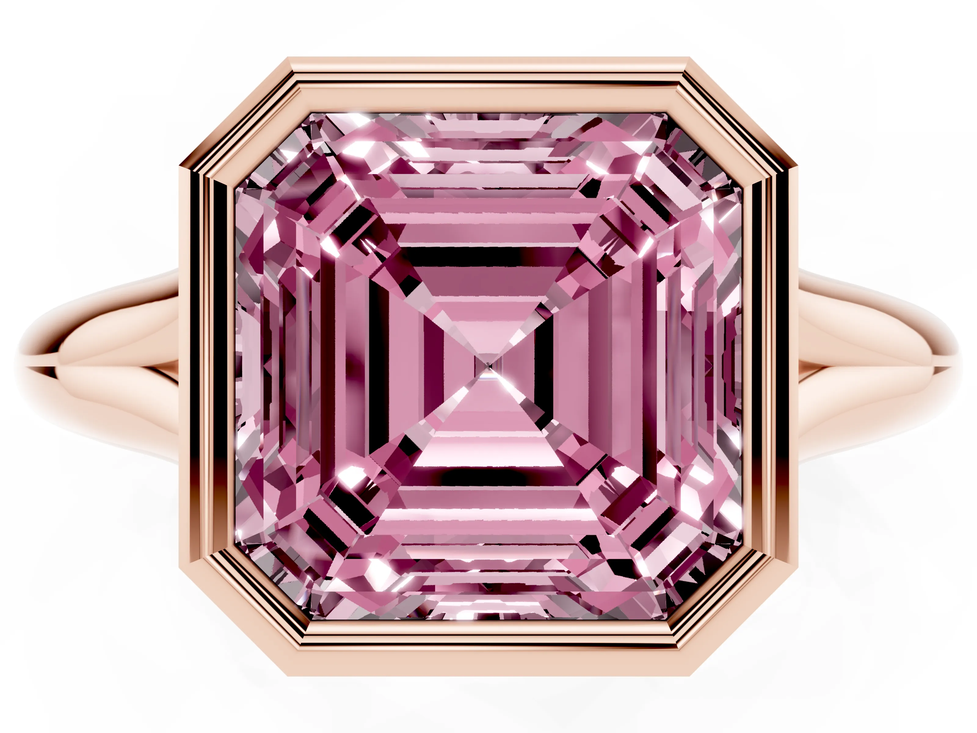 Fancy Pink Bezel Set Asscher Cut Diamond Solitaire Ring Set in Rose gold with Smooth Band