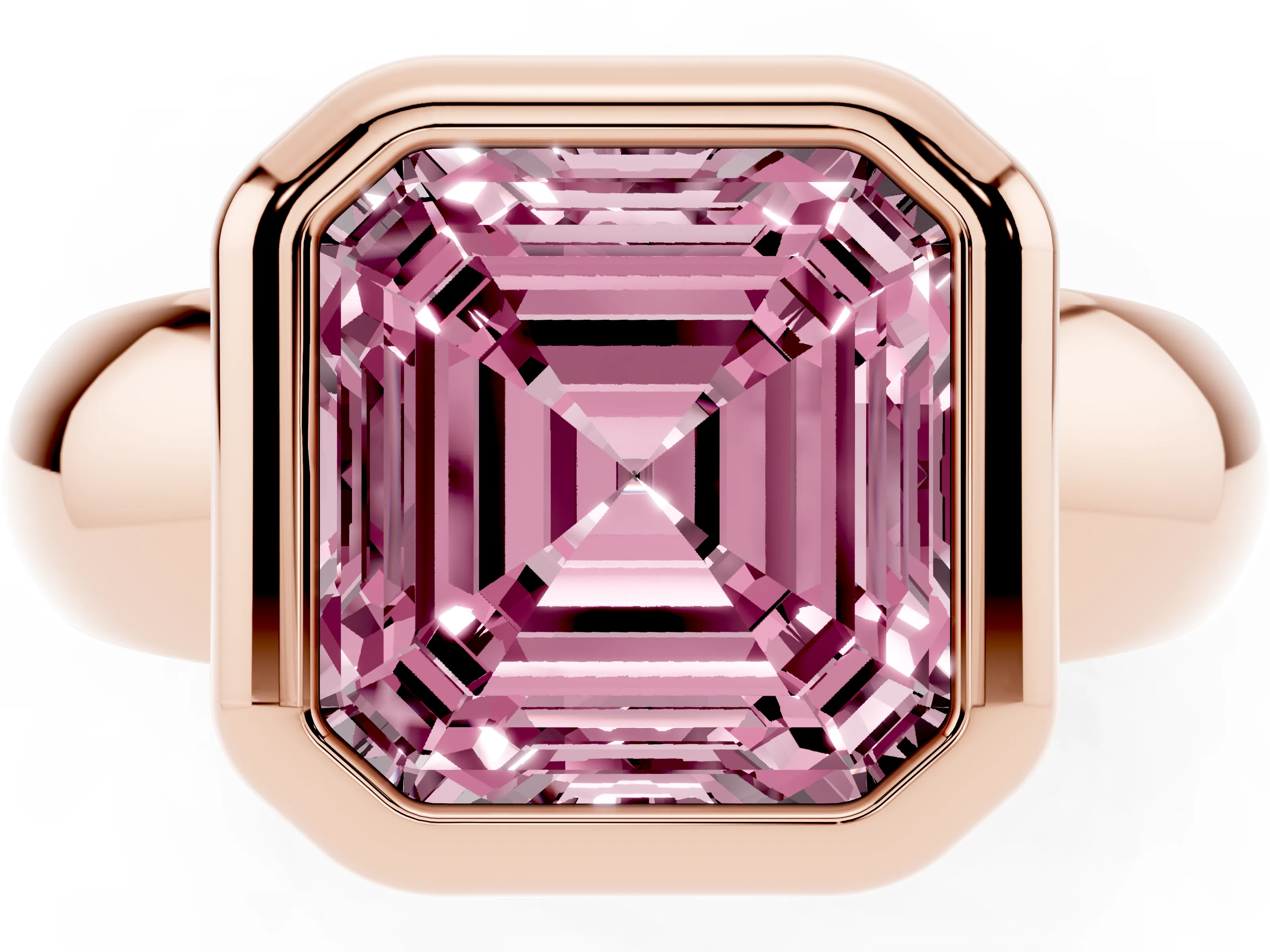 Fancy Pink Bezel Set Asscher Cut Diamond Solitaire Ring Set in Rose gold with Wide Band