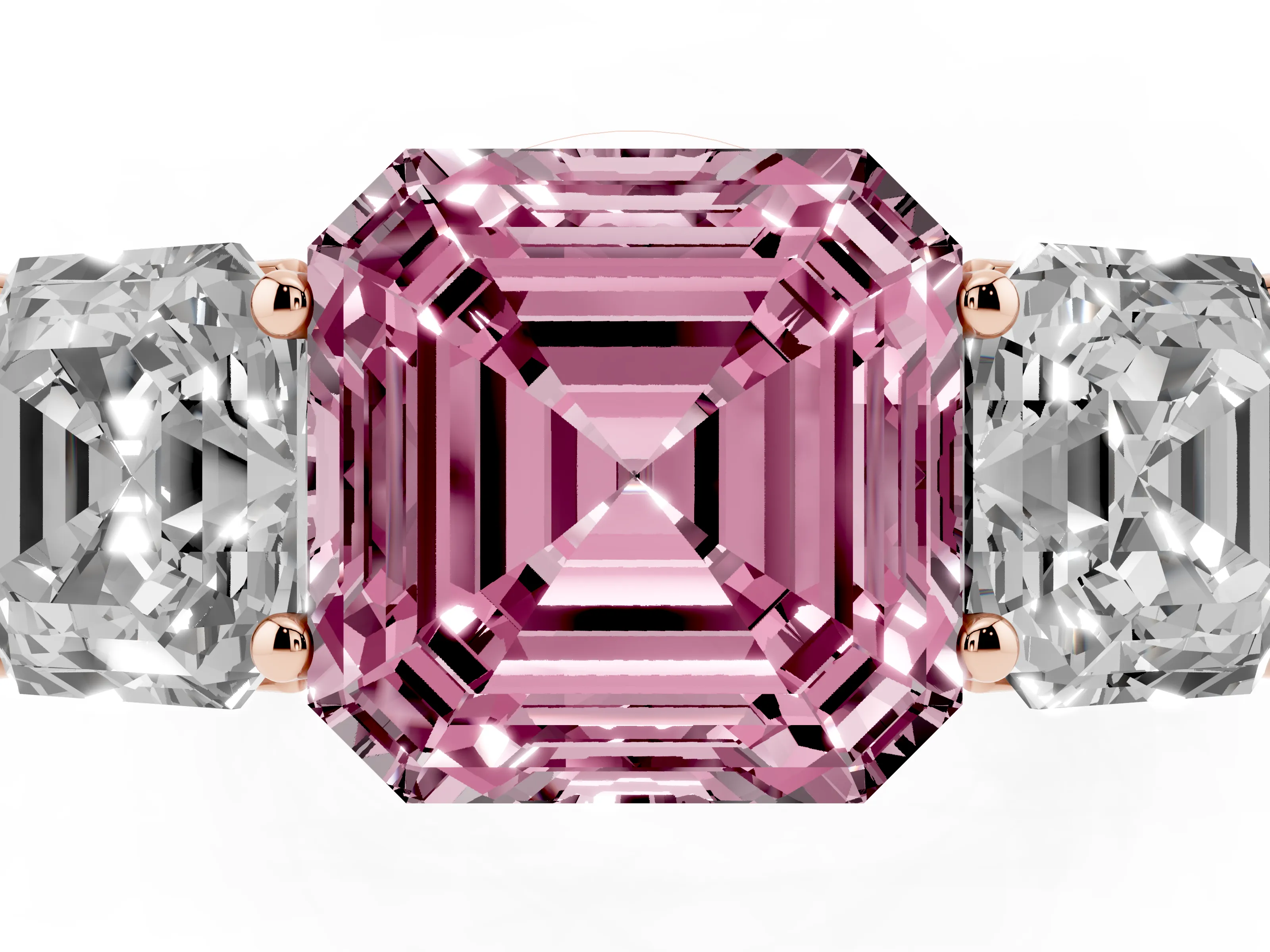 Fancy Pink Asscher Cut Diamond Three-Stone Ring Set in Rose gold with Plain Polished Band