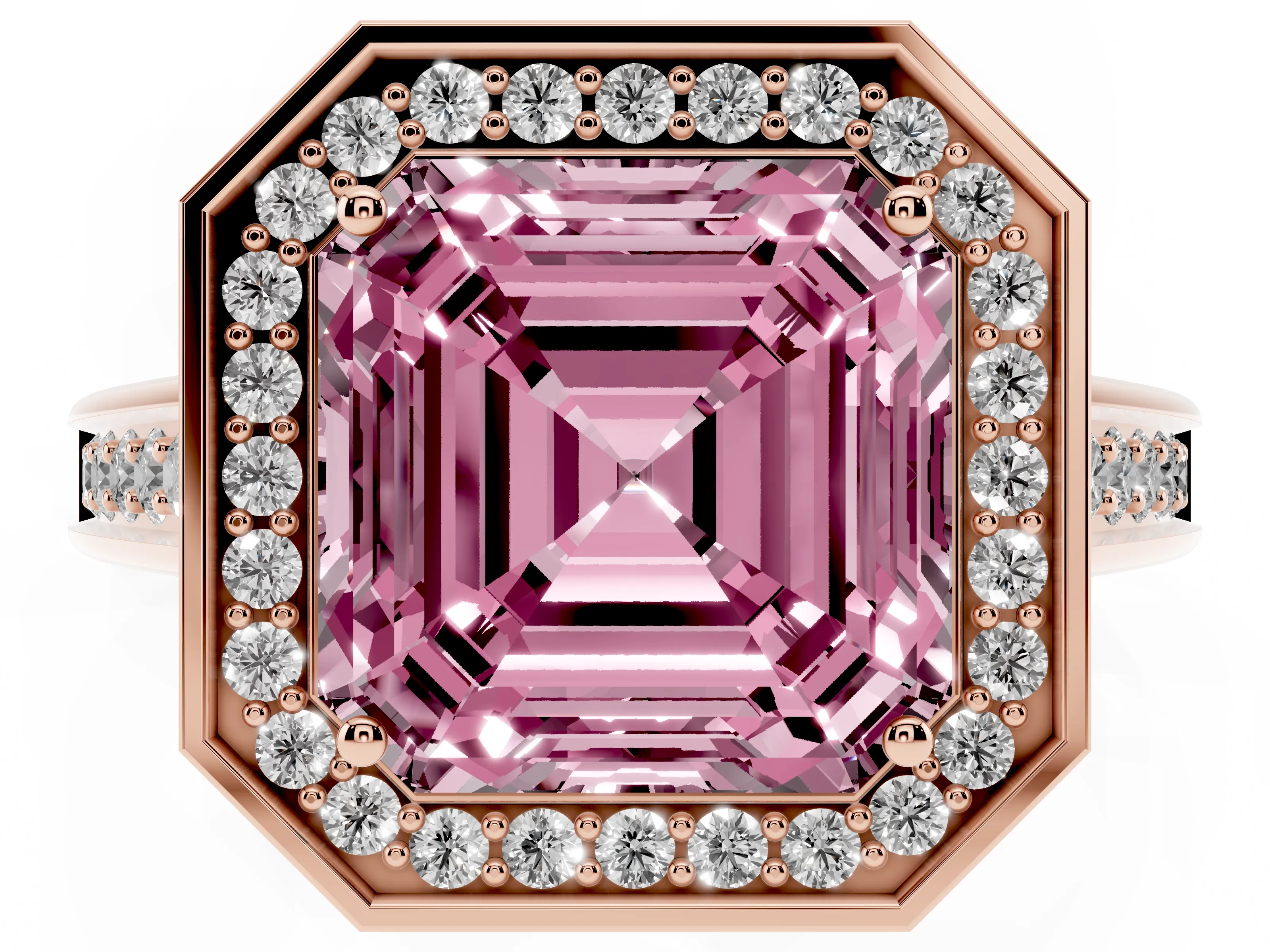 Fancy Pink Asscher Cut Diamond Halo Solitaire Ring Set in Rose gold with Pavé Band and Bezel Setting