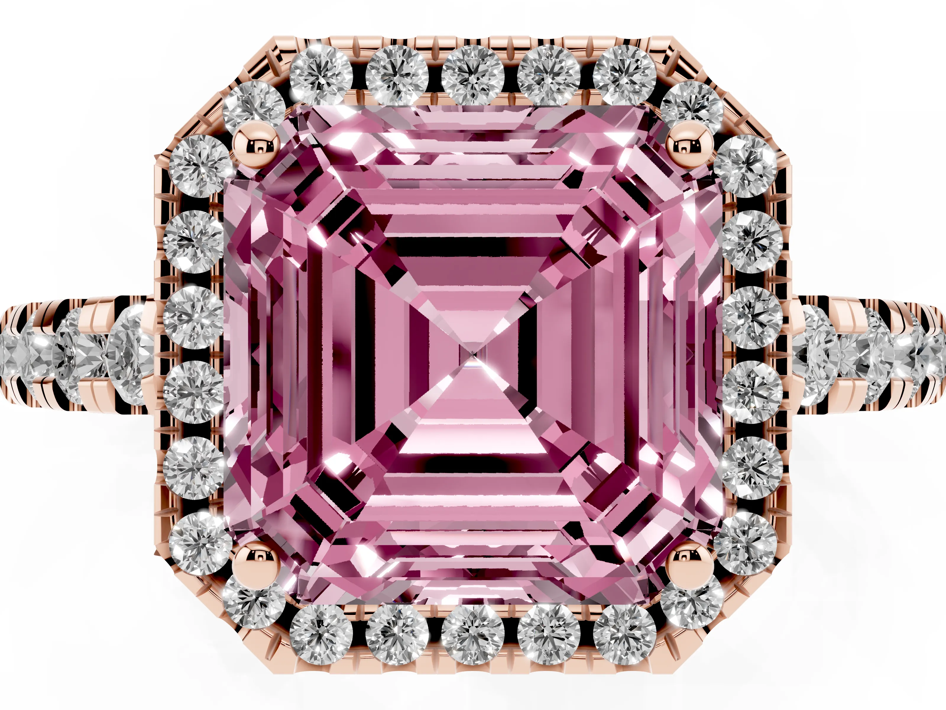 Fancy Pink Asscher Cut Diamond Halo Ring Set in Rose gold with Delicate Pavé Band and Prong Setting