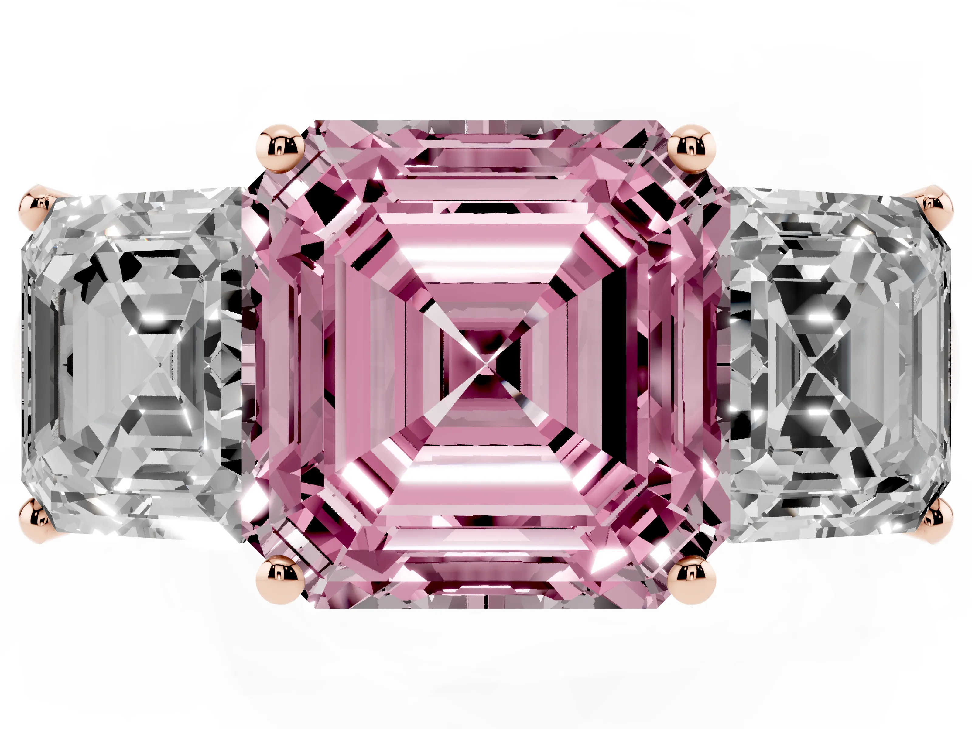 Fancy Pink Asscher Cut Diamond Three-Stone Ring Set in Rose gold with Classic Prong Setting and Plain Band