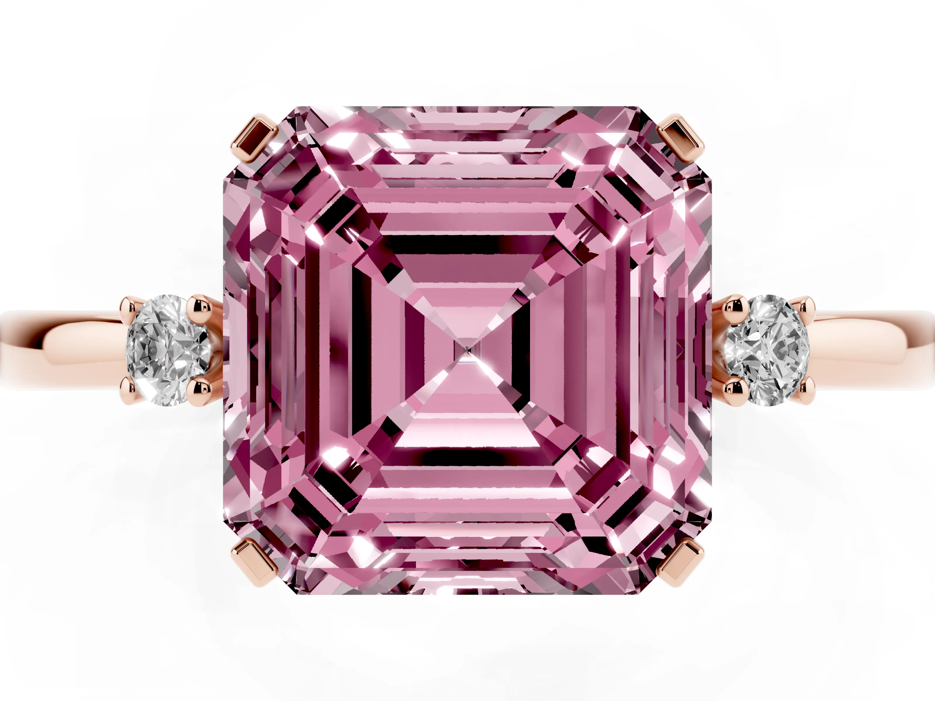 Fancy Pink Three-Stone Asscher Cut Diamond Solitaire Ring Set in Rose gold with Round Accent Stones and Prong Setting