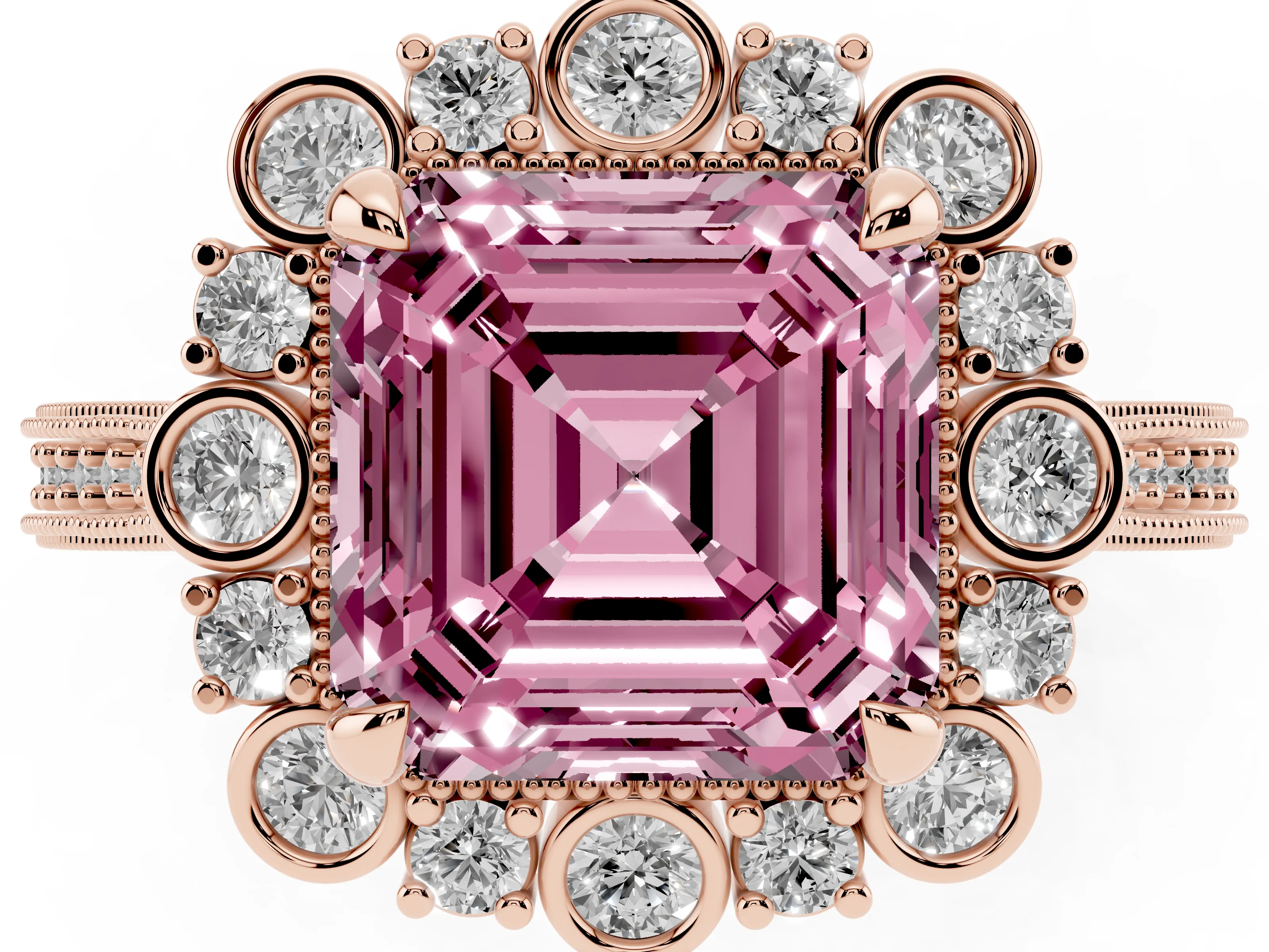 Fancy Pink Asscher Cut Diamond Halo Milgrain Pavé Ring Set in Rose gold with Prong Setting