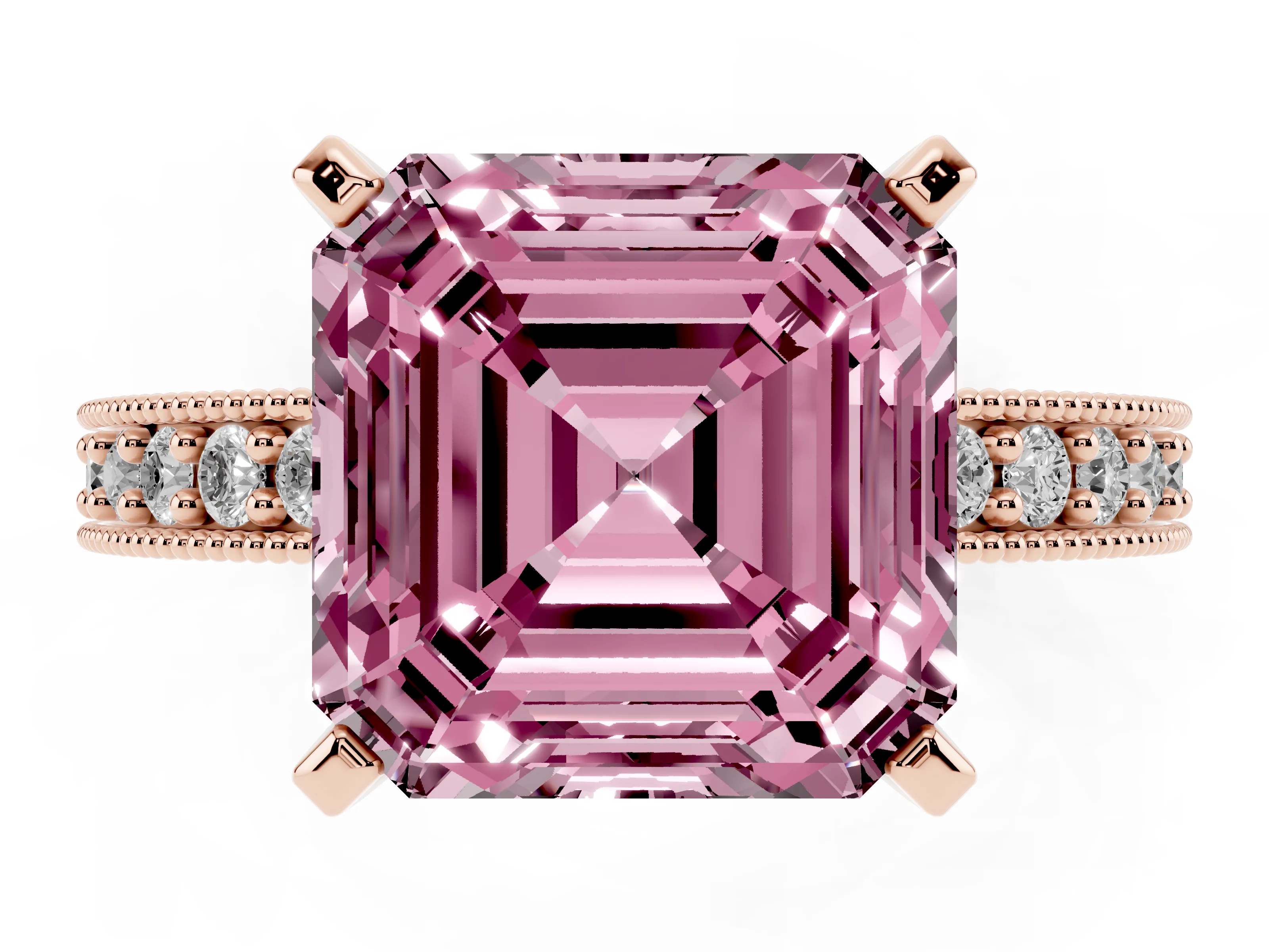 Fancy Pink Asscher Cut Diamond Milgrain Pavé Engagement Ring Set in Rose gold with Prong Setting