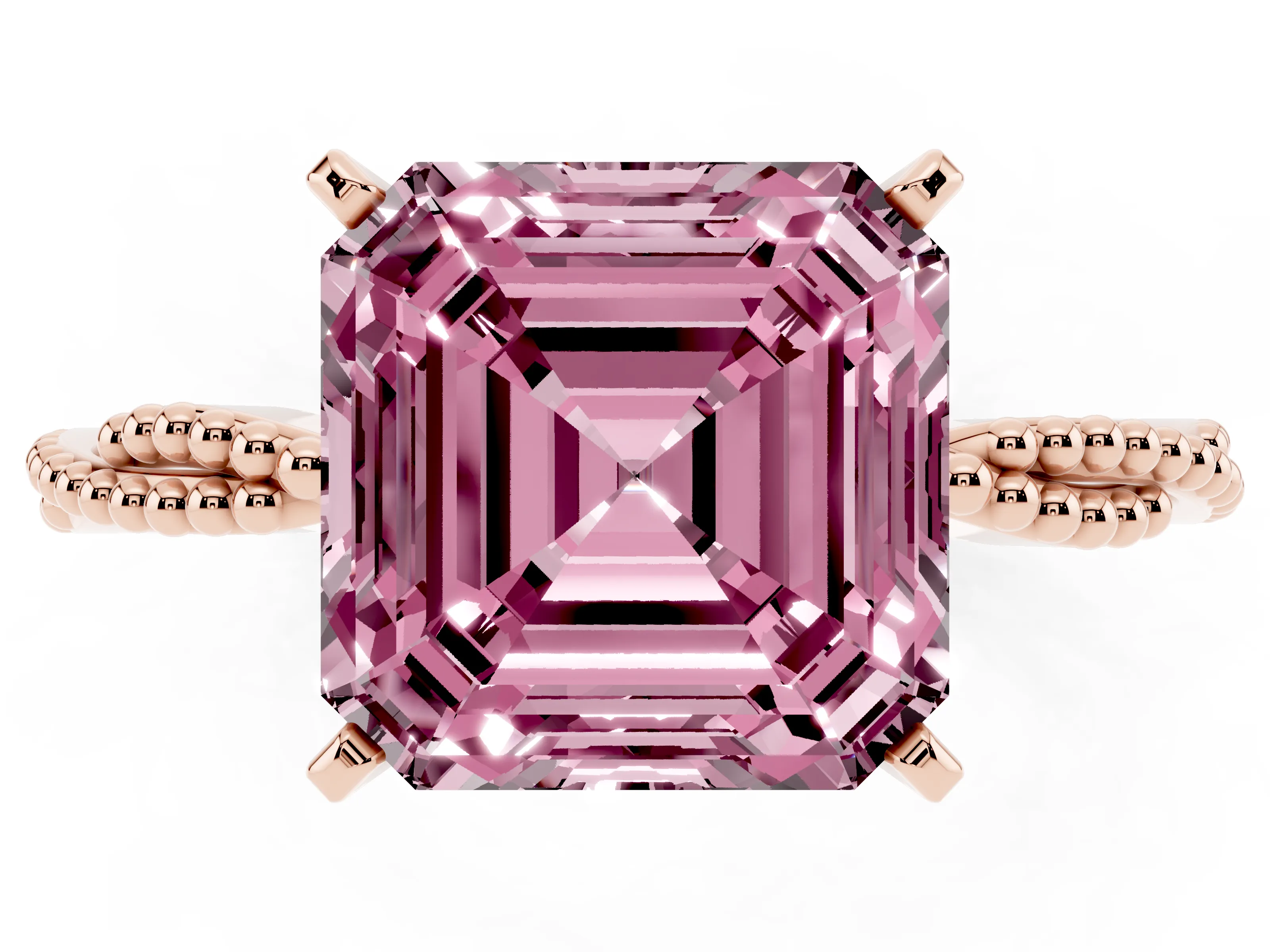 Fancy Pink Asscher Cut Diamond Solitaire Ring Set in Rose gold with Twisted Band and Bead Prong Setting