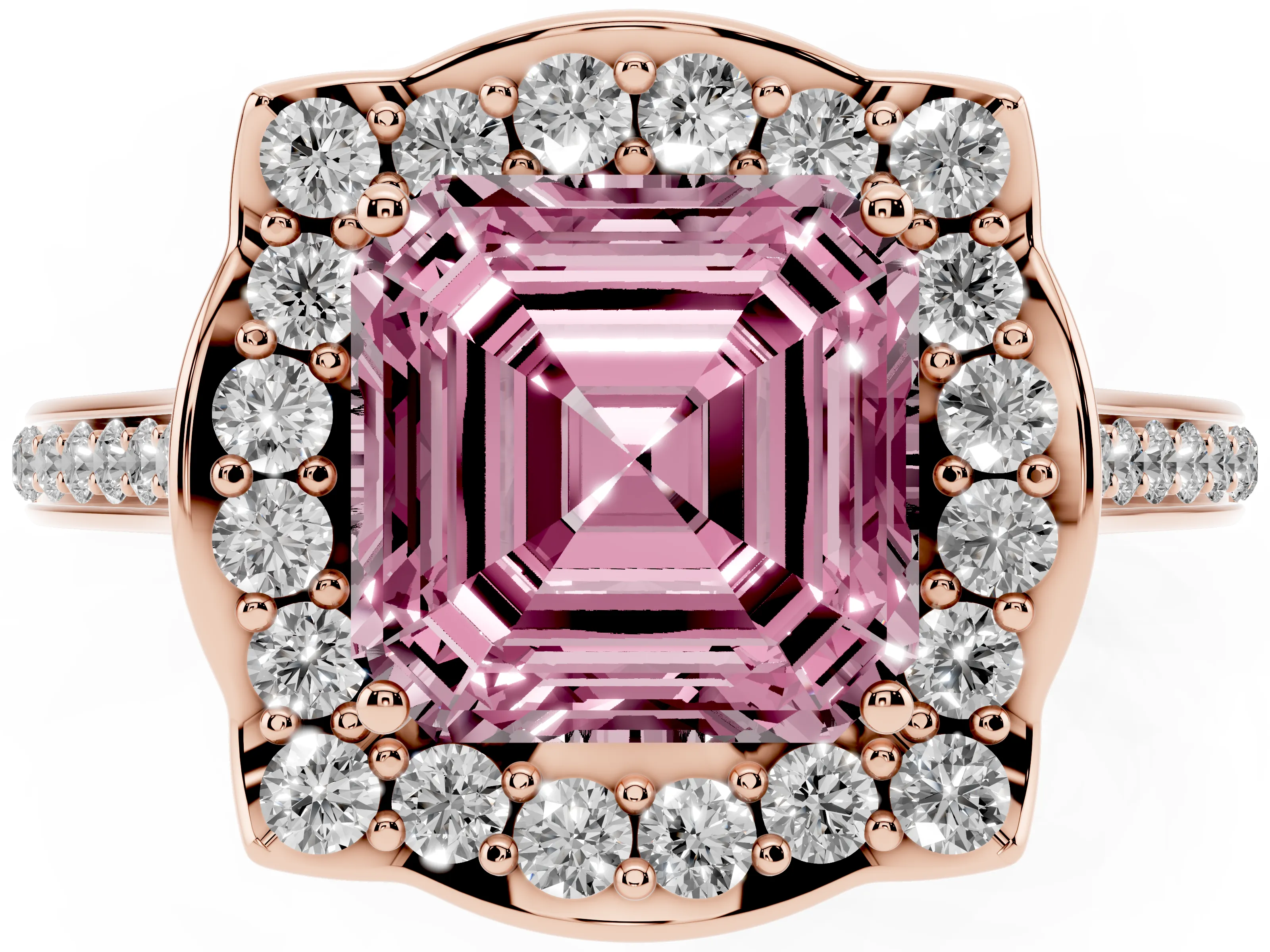 Fancy Pink Asscher Cut Diamond Halo Ring Set in Rose gold with Pavé-Lined Shoulders and Prong Setting
