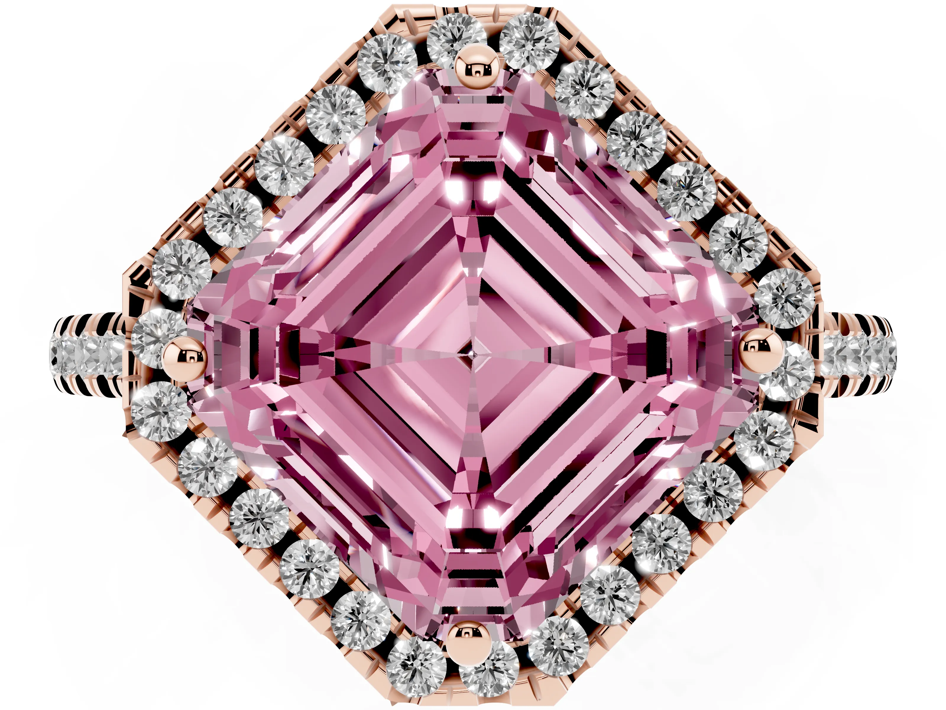 Fancy Pink Asscher Cut Diamond Cushion Halo Ring Set in Rose gold with Pavé Band