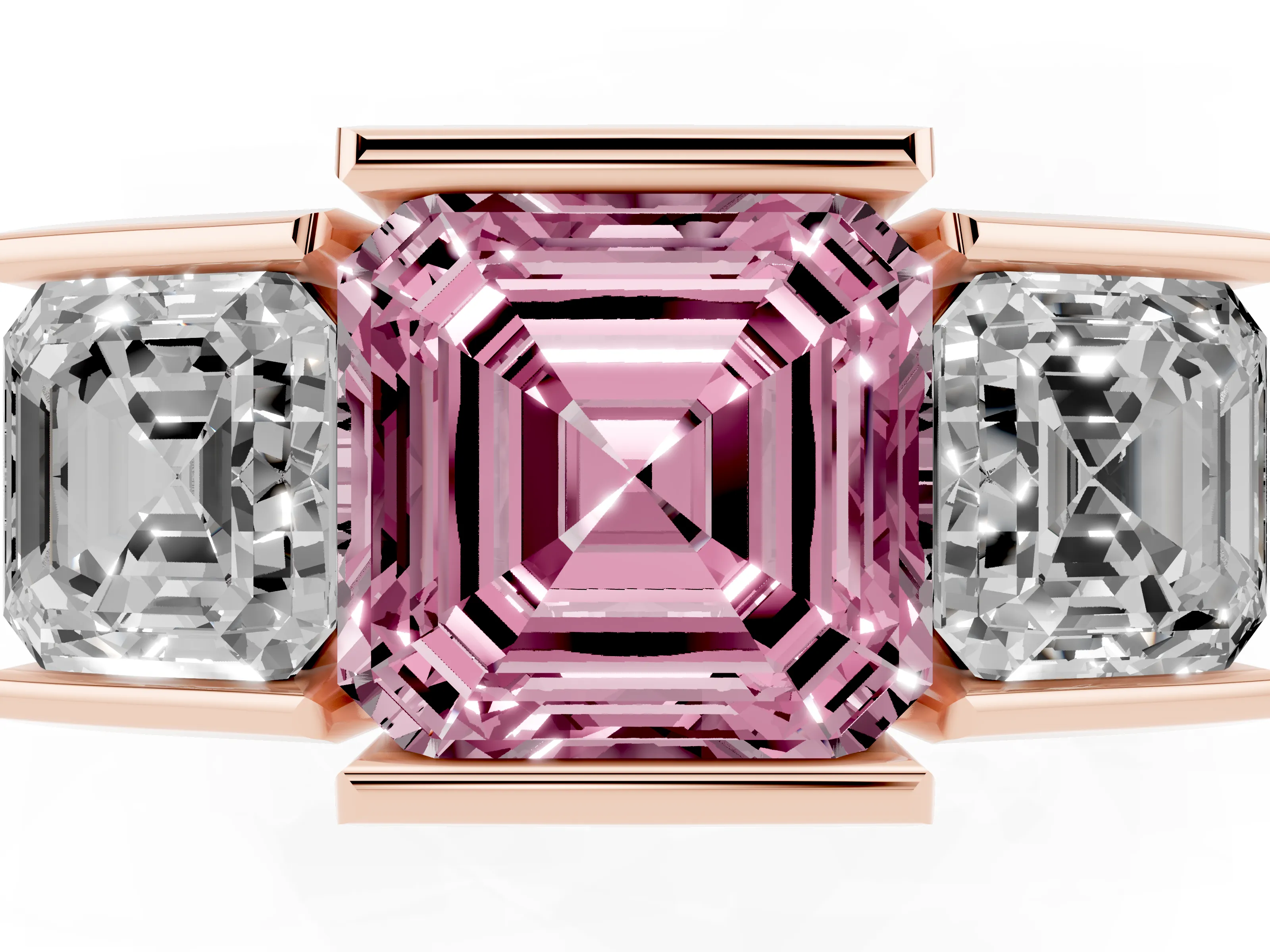 Fancy Pink Asscher Cut Diamond Three-Stone Channel Set Ring Set in Rose gold with Smooth Polished Band