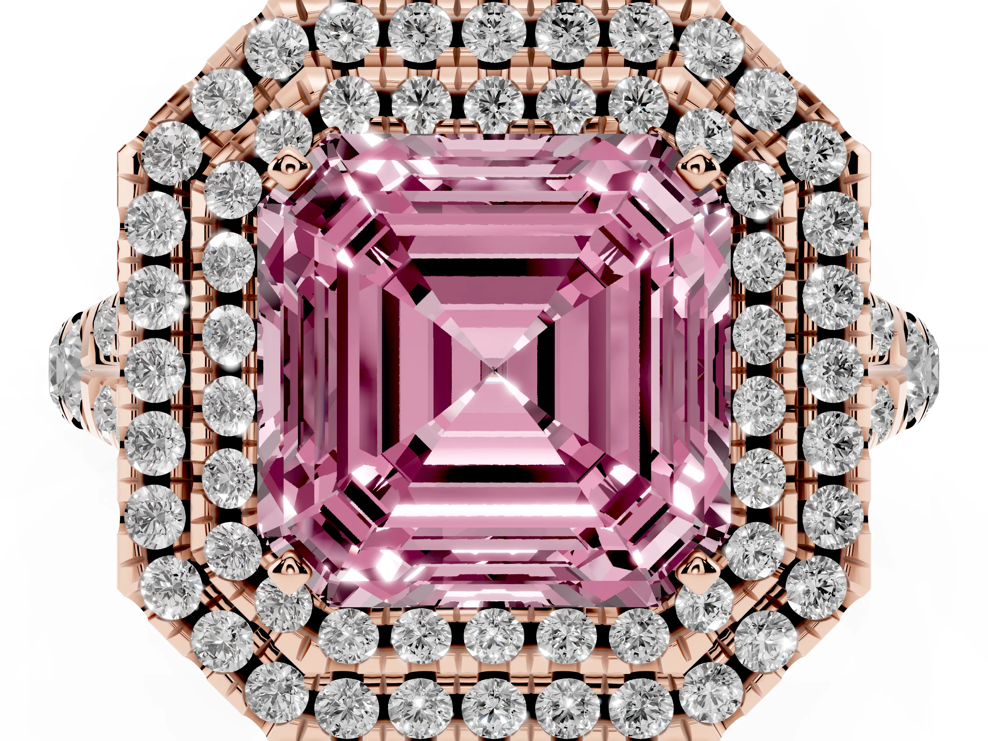 Fancy Pink Asscher Cut Diamond Pavé Split Shank Double Halo Engagement Ring Set in Rose gold