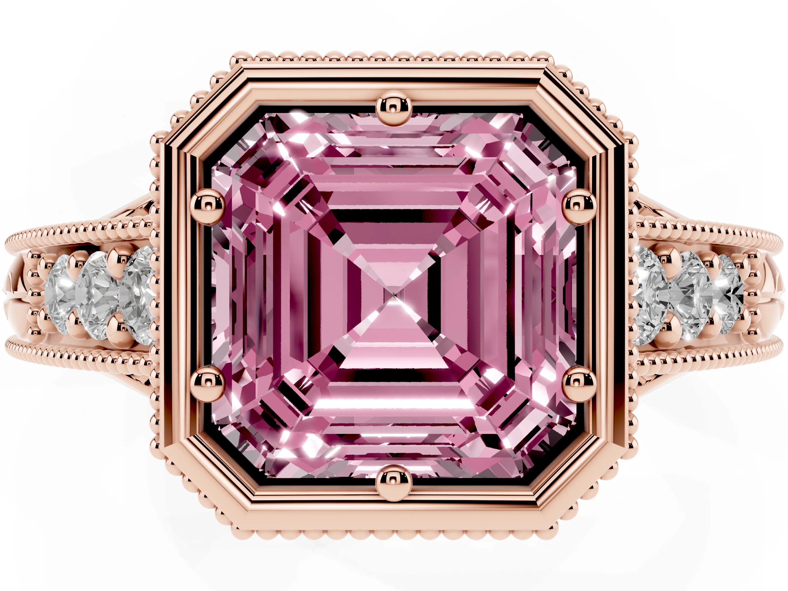 Fancy Pink Bezel Set Asscher Cut Diamond Milgrain Pavé Engagement Ring Set in Rose gold