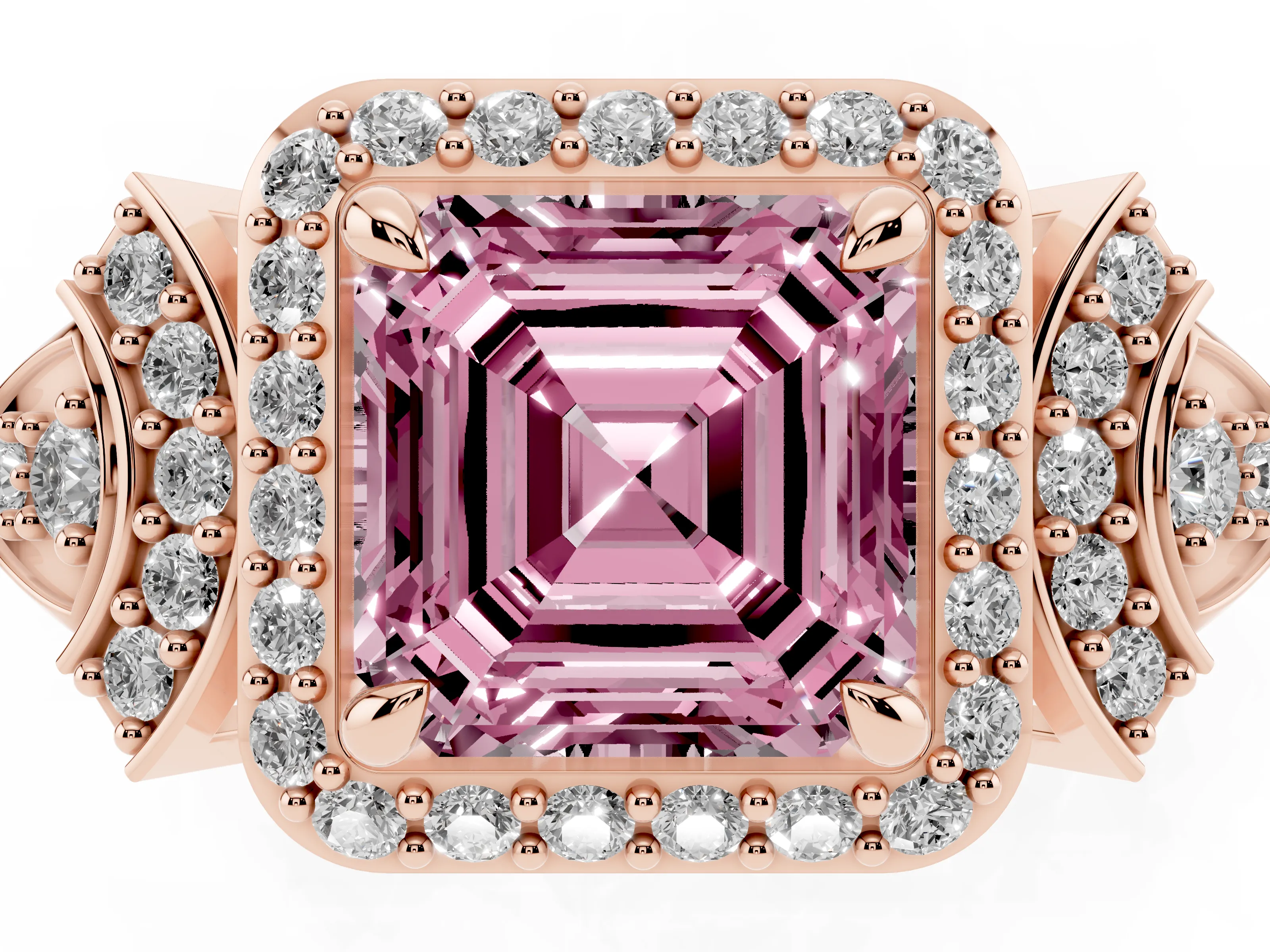 Fancy Pink Asscher Cut Diamond Halo Engagement Ring Set in Rose gold with Accent Stone Split Shank