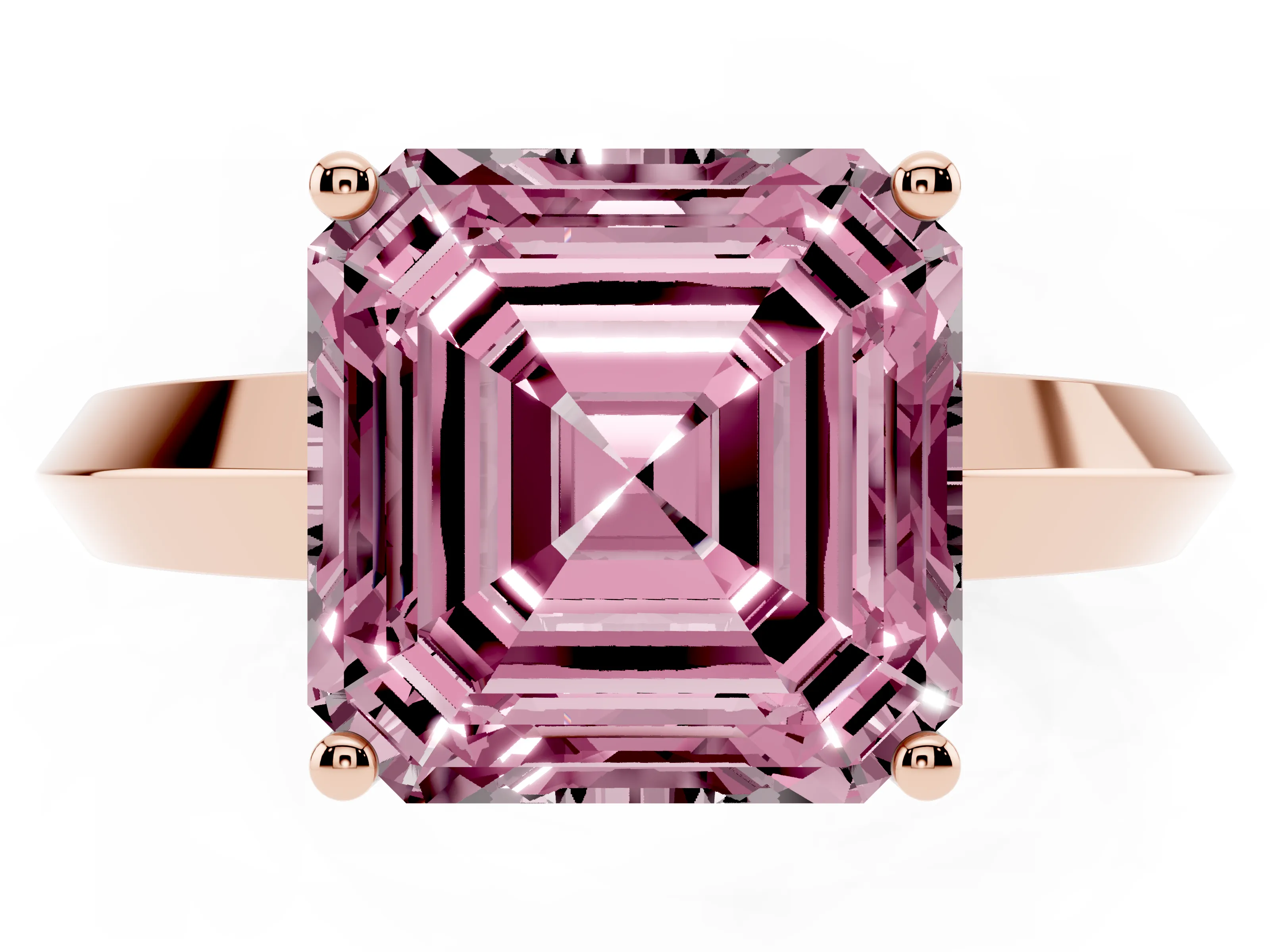 Fancy Pink Asscher Cut Diamond Solitaire Engagement Ring Set in Rose gold with Flat Band and Prong Setting