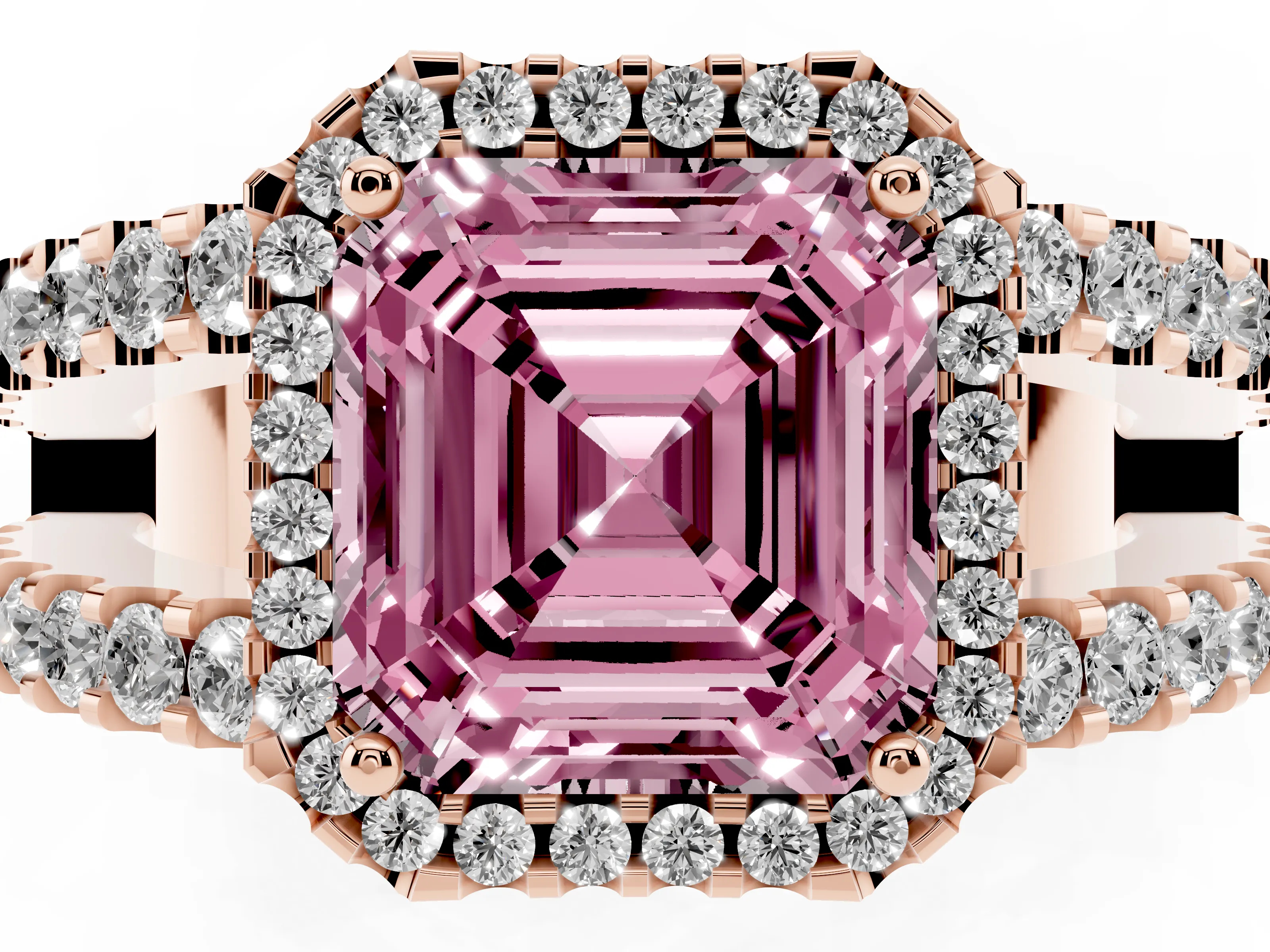 Fancy Pink Asscher Cut Diamond Halo Ring Set in Rose gold with Pavé Split Shank and Prong Setting