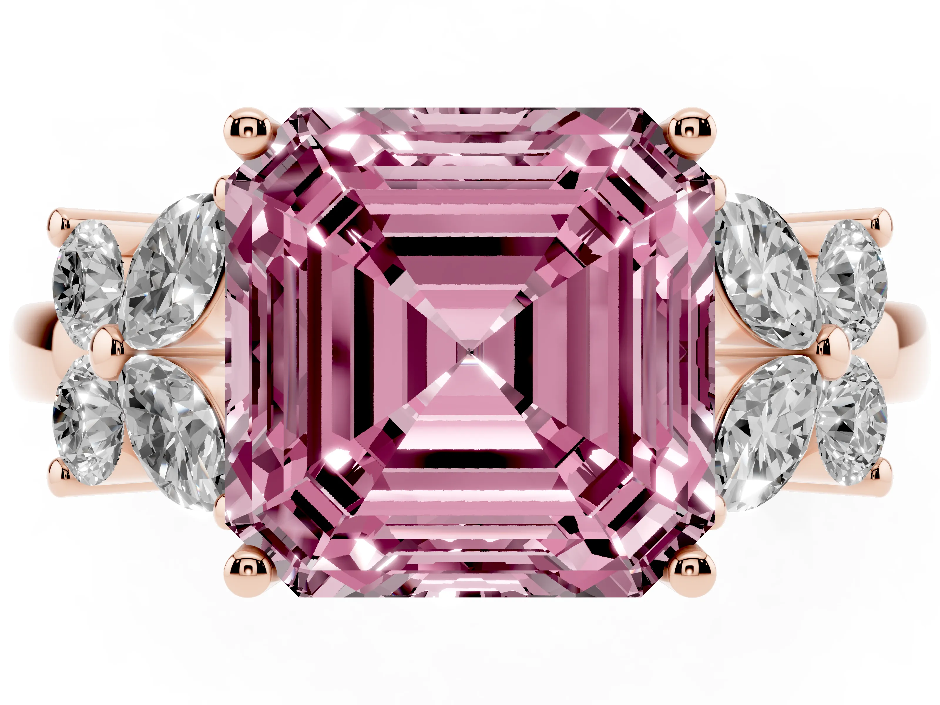 Fancy Pink Asscher Cut Diamond Floral Cluster Ring Set in Rose gold with Marquise Petals and Prong Setting