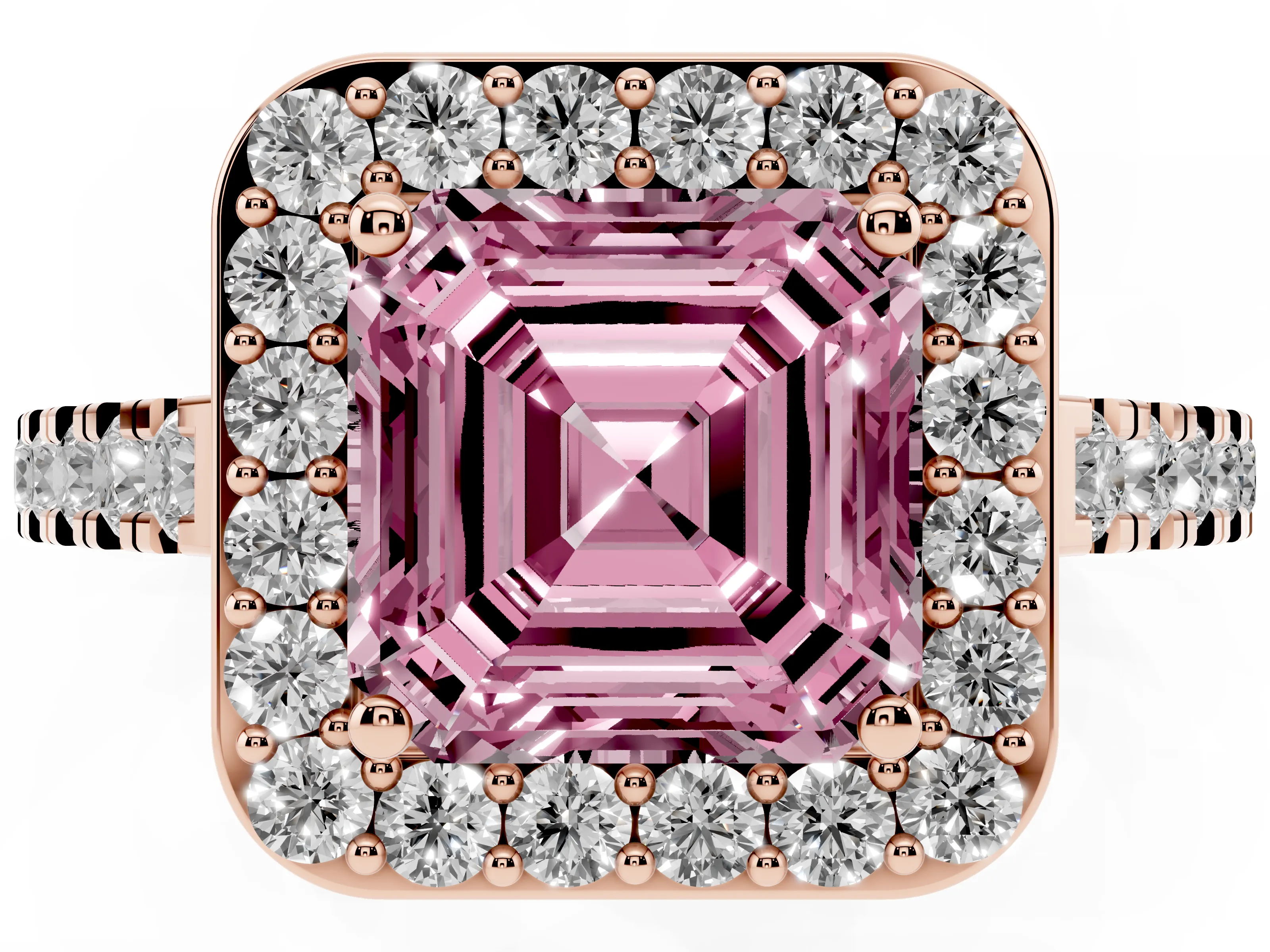 Fancy Pink Asscher Cut Diamond Halo Ring Set in Rose gold with Round Pavé Split Shank and Prong Setting