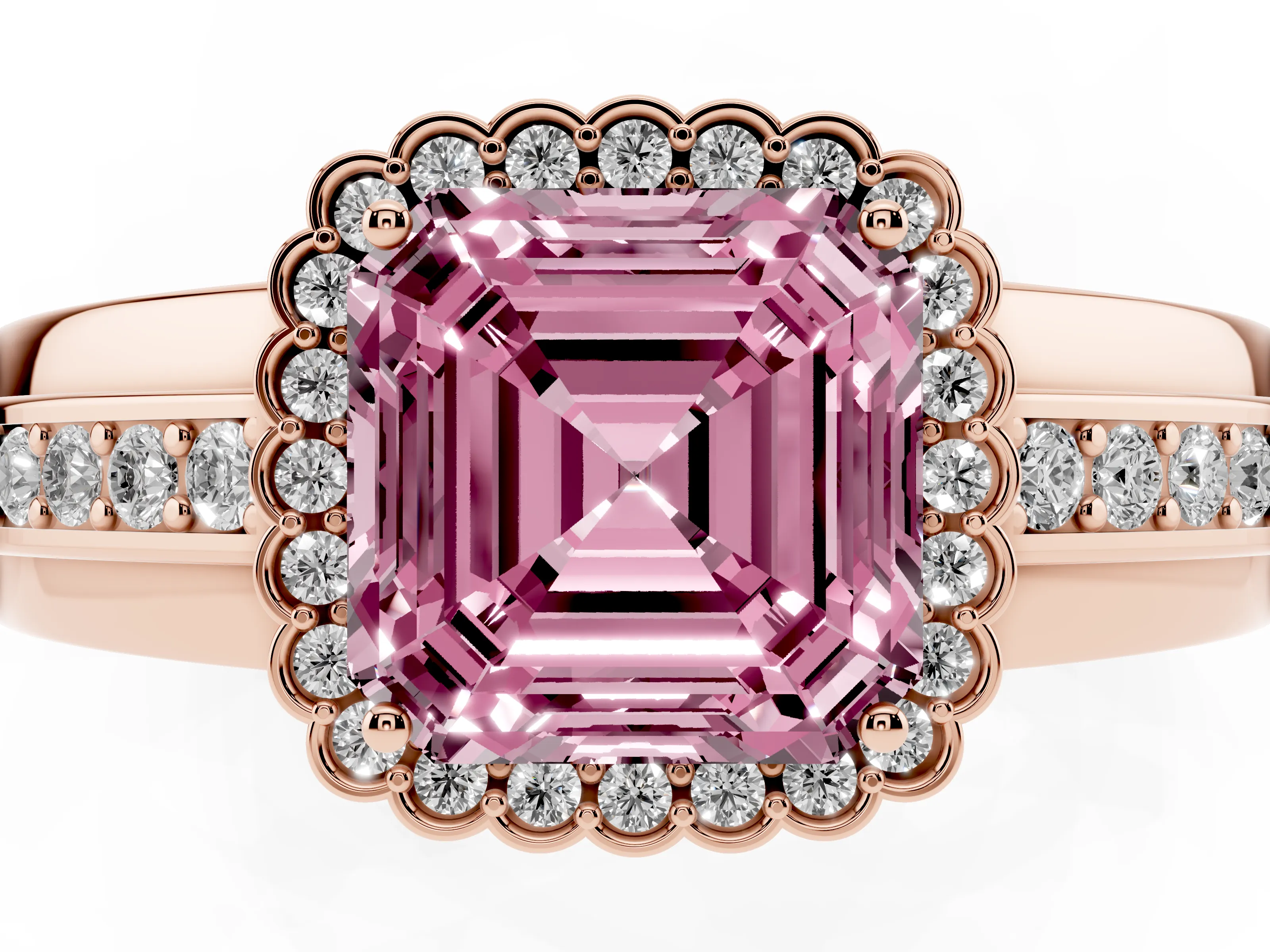 Fancy Pink Asscher Cut Diamond Halo Prong Ring Set in Rose gold with Pavé Band