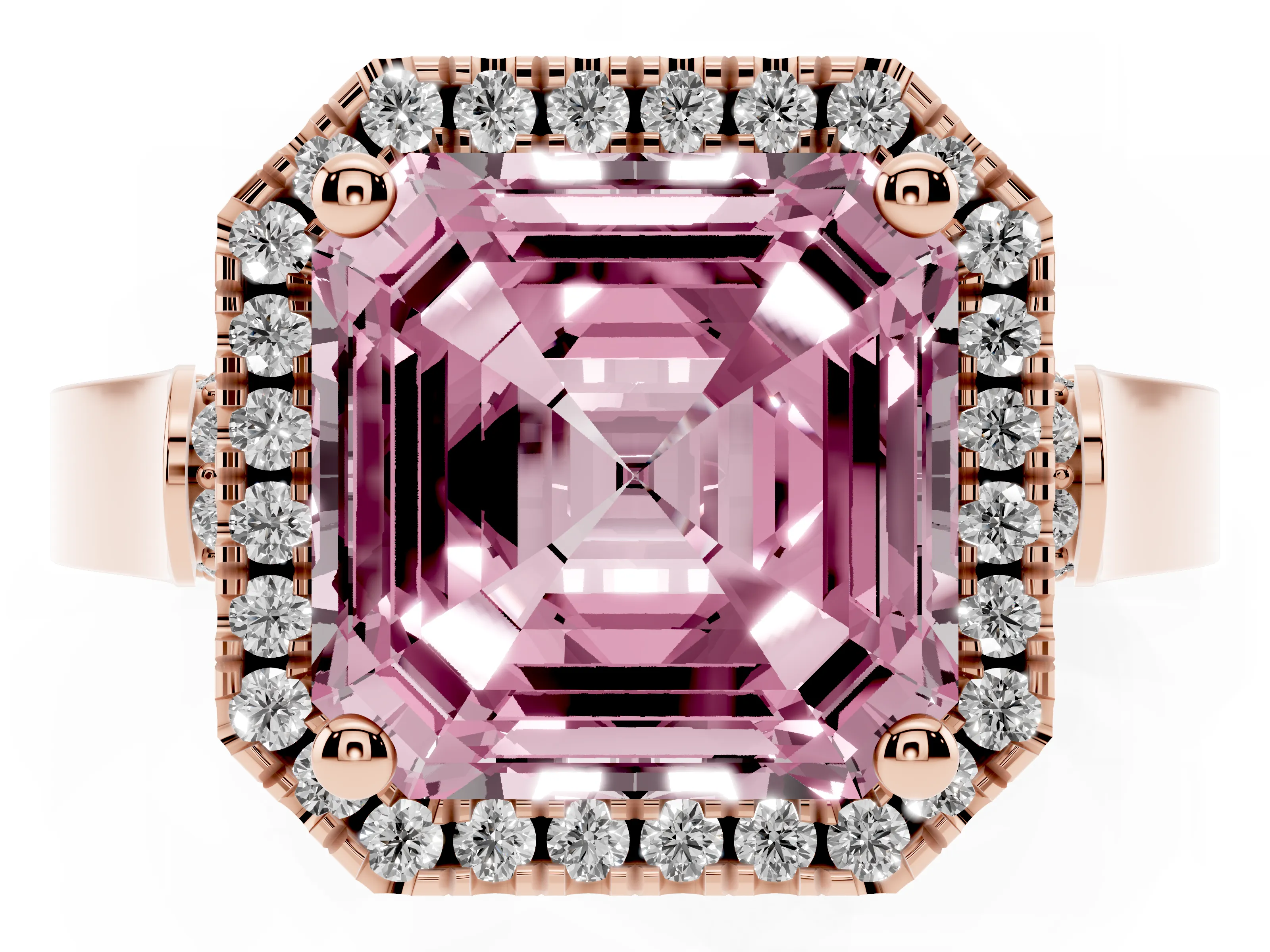 Fancy Pink Asscher Cut Diamond Halo Ring Set in Rose gold with Pavé-Lined Split Shank Band