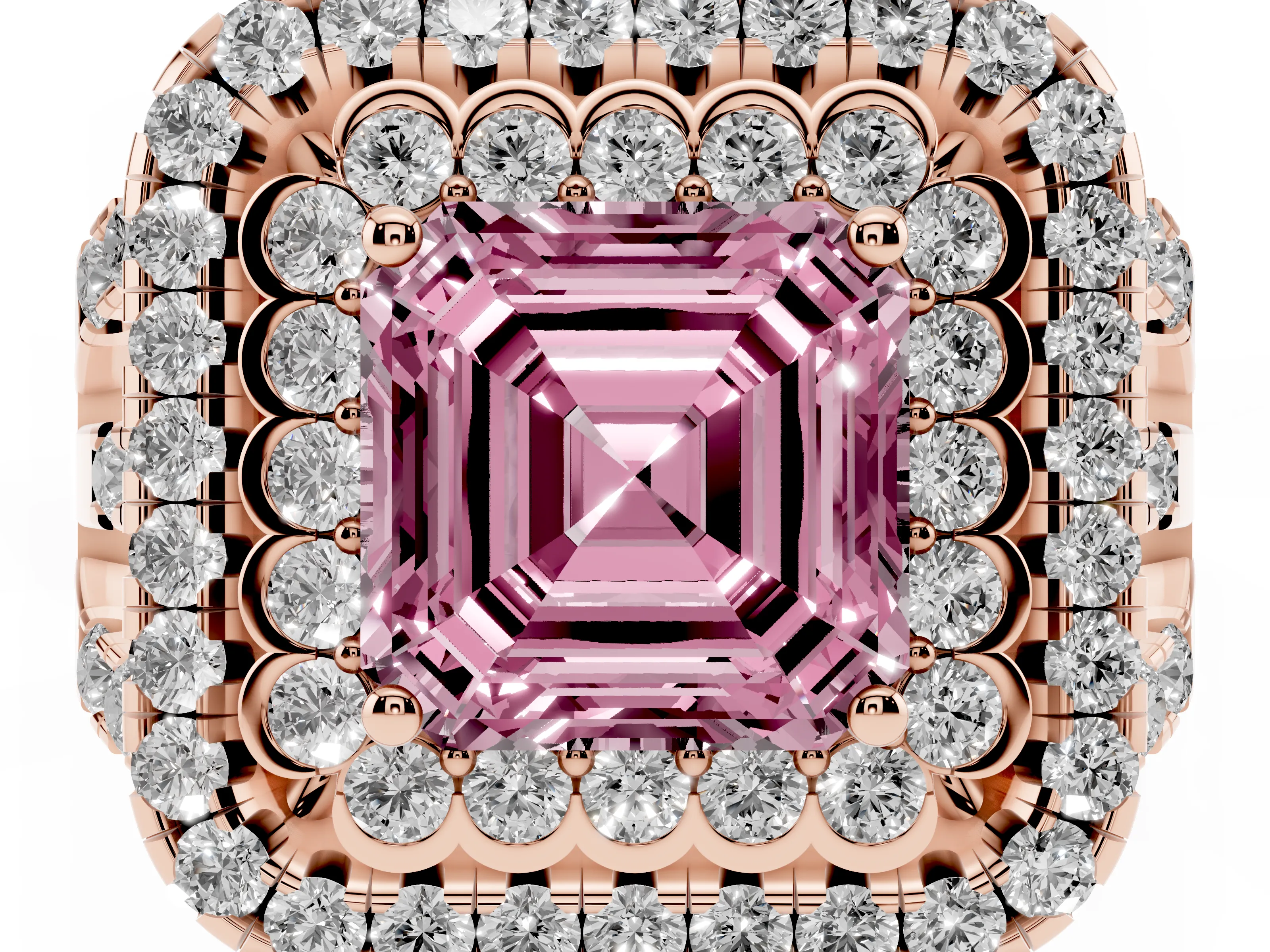 Fancy Pink Asscher Cut Diamond Double Halo Ring Set in Rose gold with Round Pavé Split Shank