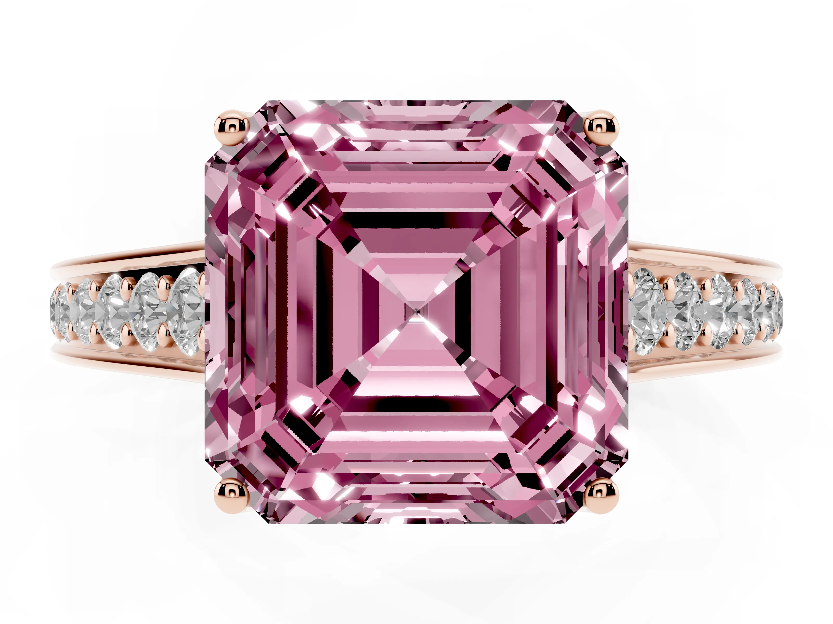 Fancy Pink Asscher Cut Diamond Solitaire Pavé Engagement Ring Set in Rose gold with Prong Setting